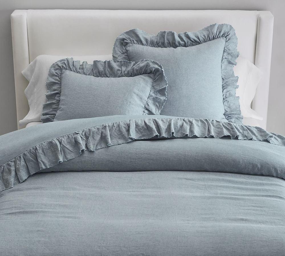 Sky Blue - 100% Pure Linen | Linen Cotton Mix | 3 Piece Ruffle Duvet Cover Set | Handmade | Pre-washed | Soft - PRHOMZ