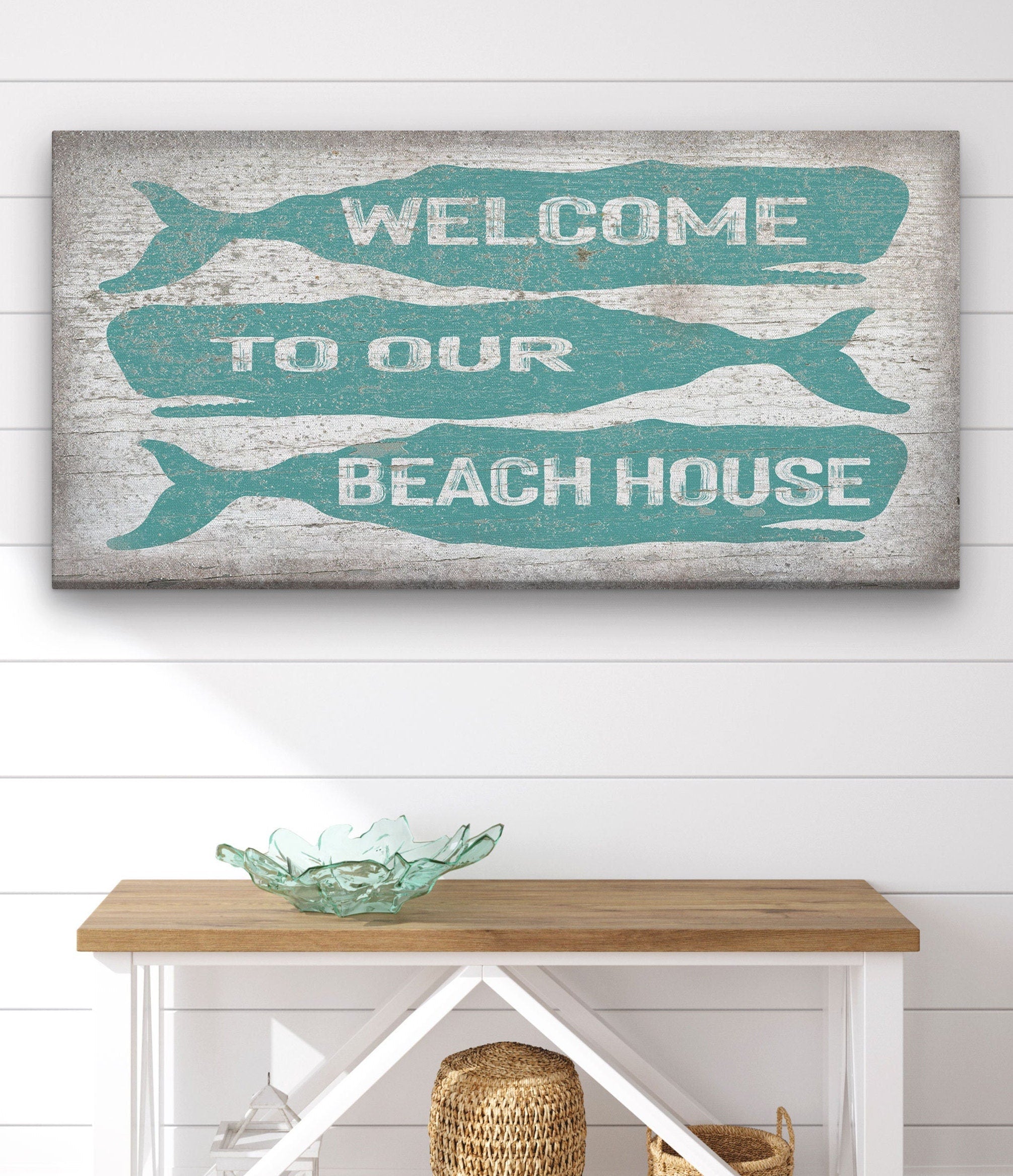Welcome Sign with Whale - Beach House Name Sign - Coastal Wall Art