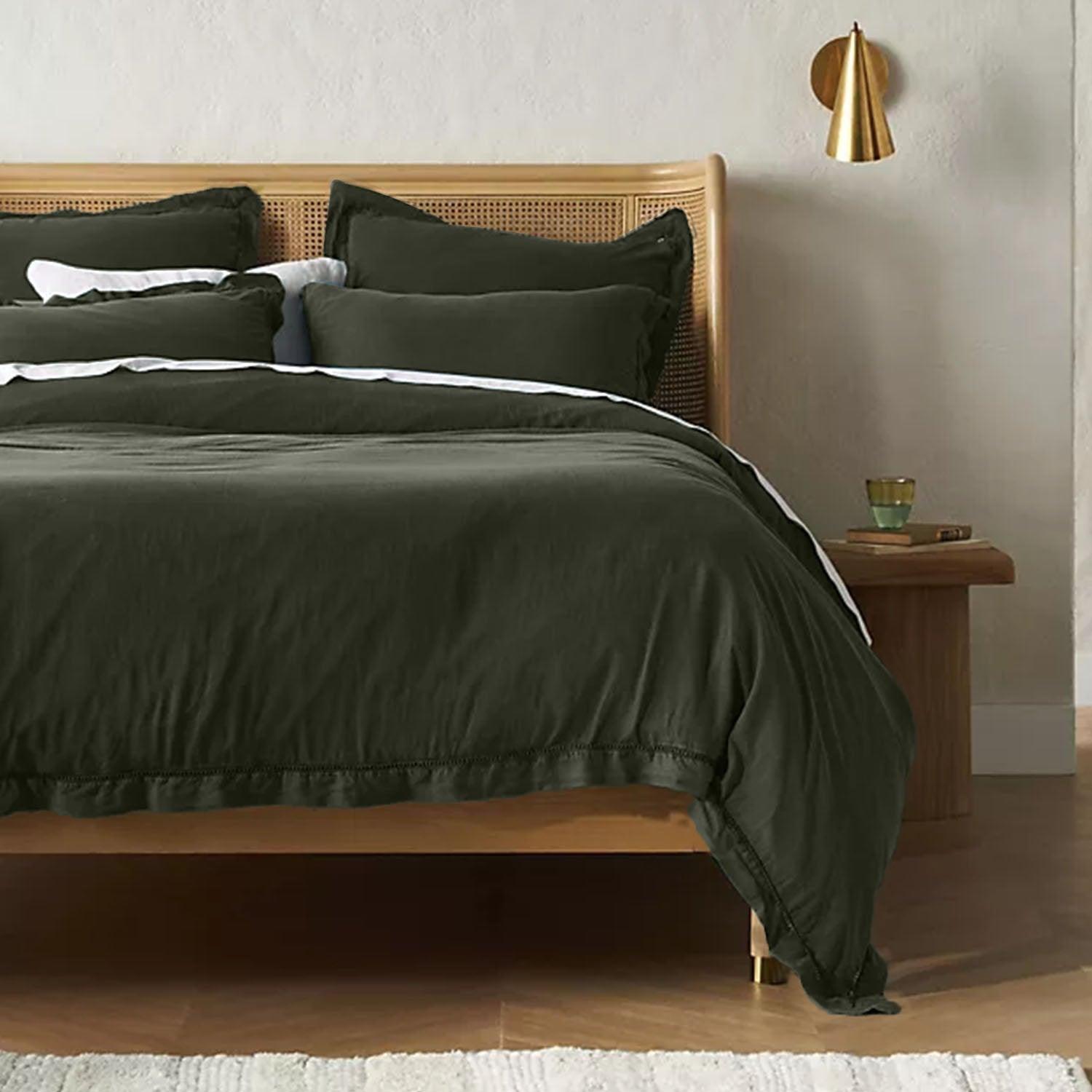 Embroidered Edge Moss Green 100% Pure Linen | Linen Cotton Mix | 3 Piece Duvet Cover Set | 4 Piece Sheet Set | Handmade | Pre-washed | Soft - PRHOMZ