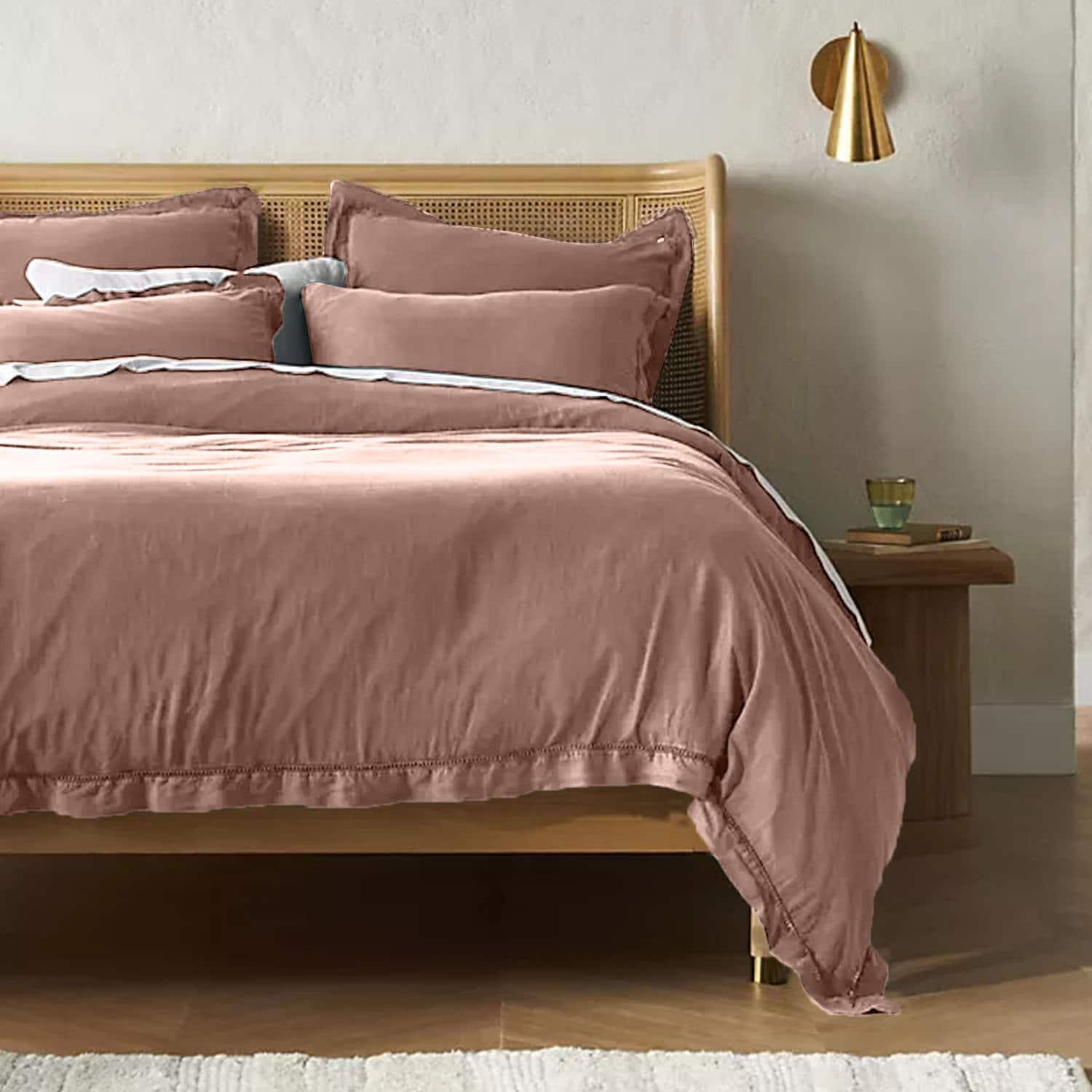 Embroidered Edge Clay 100% Pure Linen | Linen Cotton Mix | 3 Piece Duvet Cover Set | 4 Piece Sheet Set | Handmade | Pre-washed | Soft - PRHOMZ