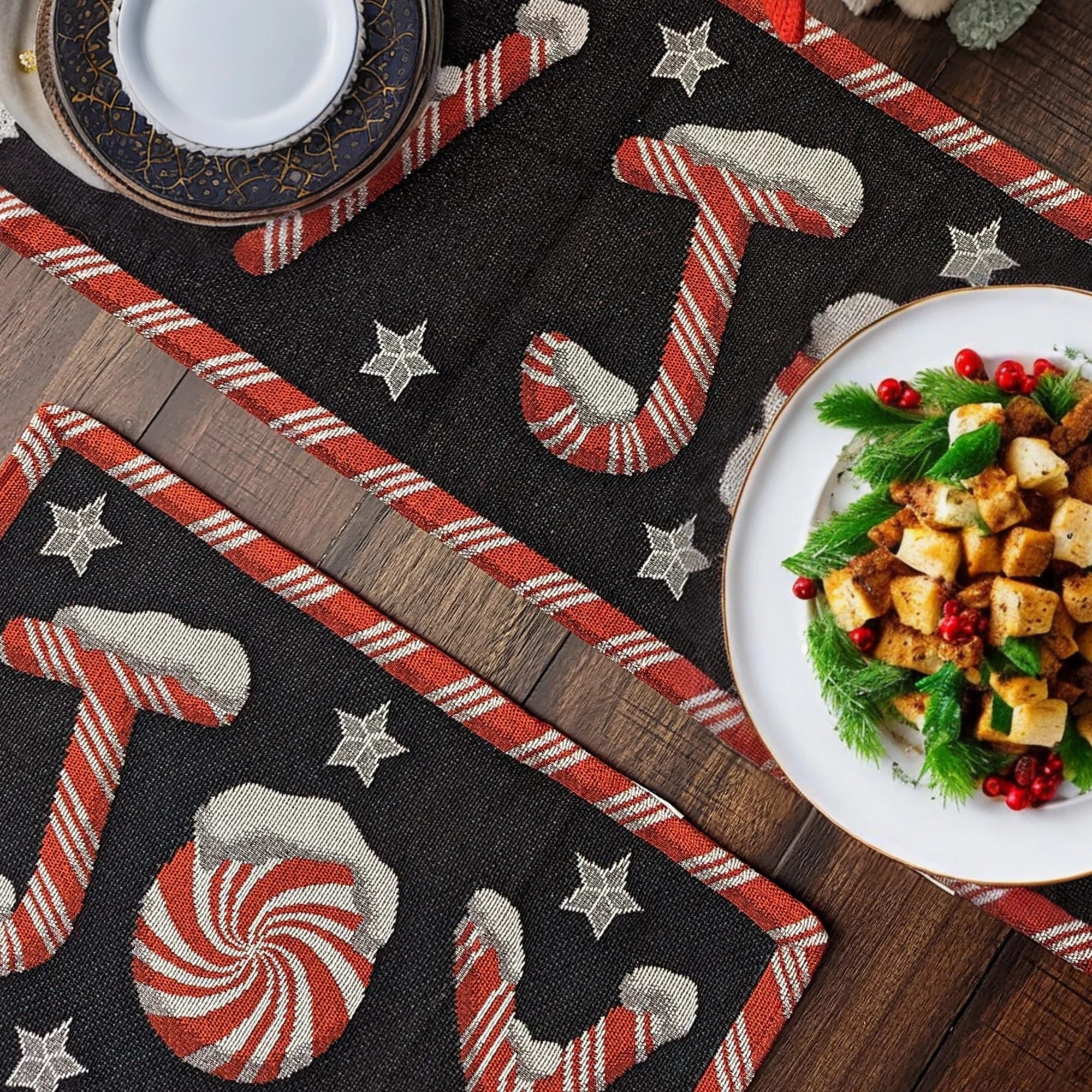 DaDa Bedding Peppermint Joy Red Black Holiday Tapestry Dining Table Runner (12904)