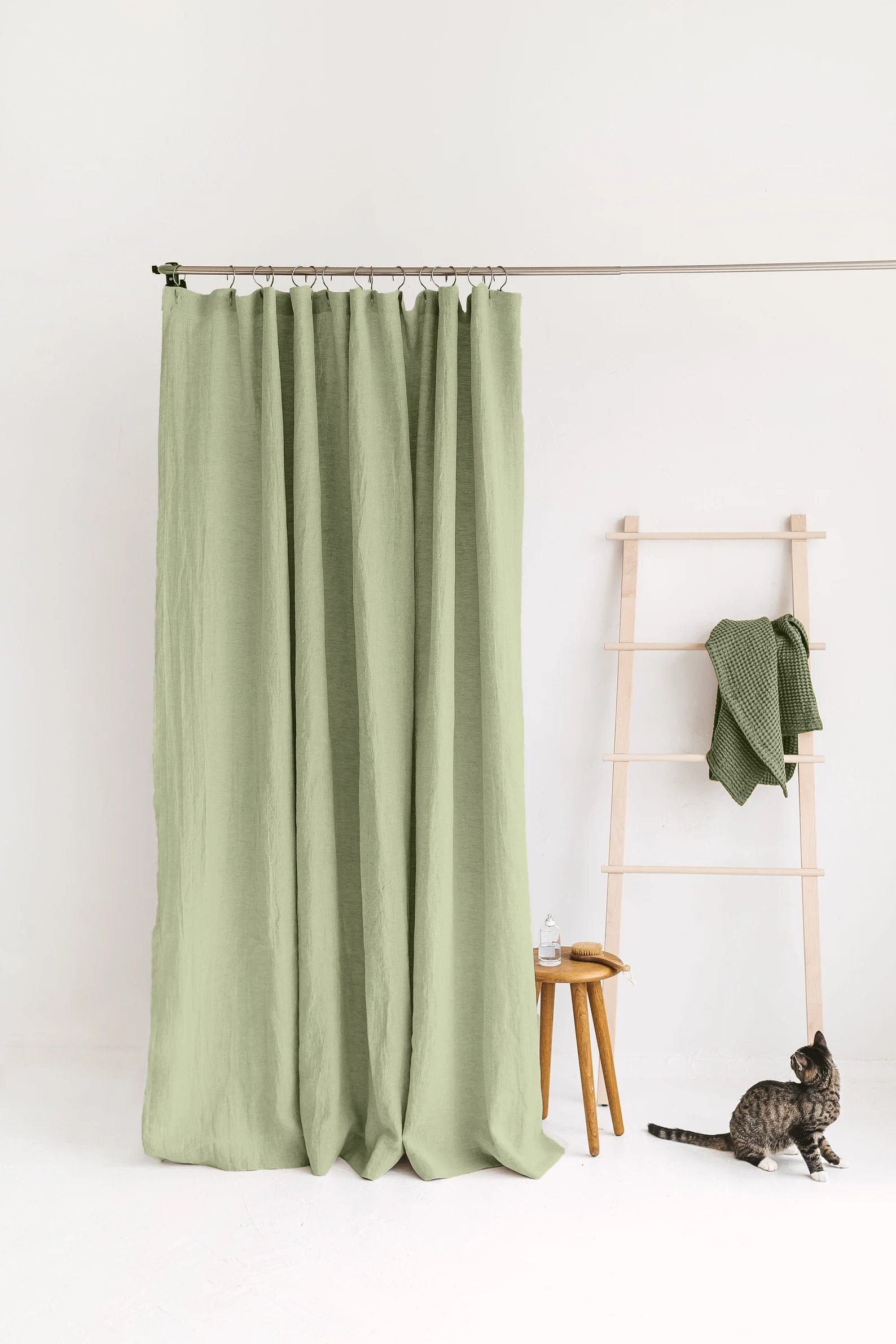 Sage Green Linen Shower Curtain | Eco-Friendly & Mold-Resistant | UK Made-0