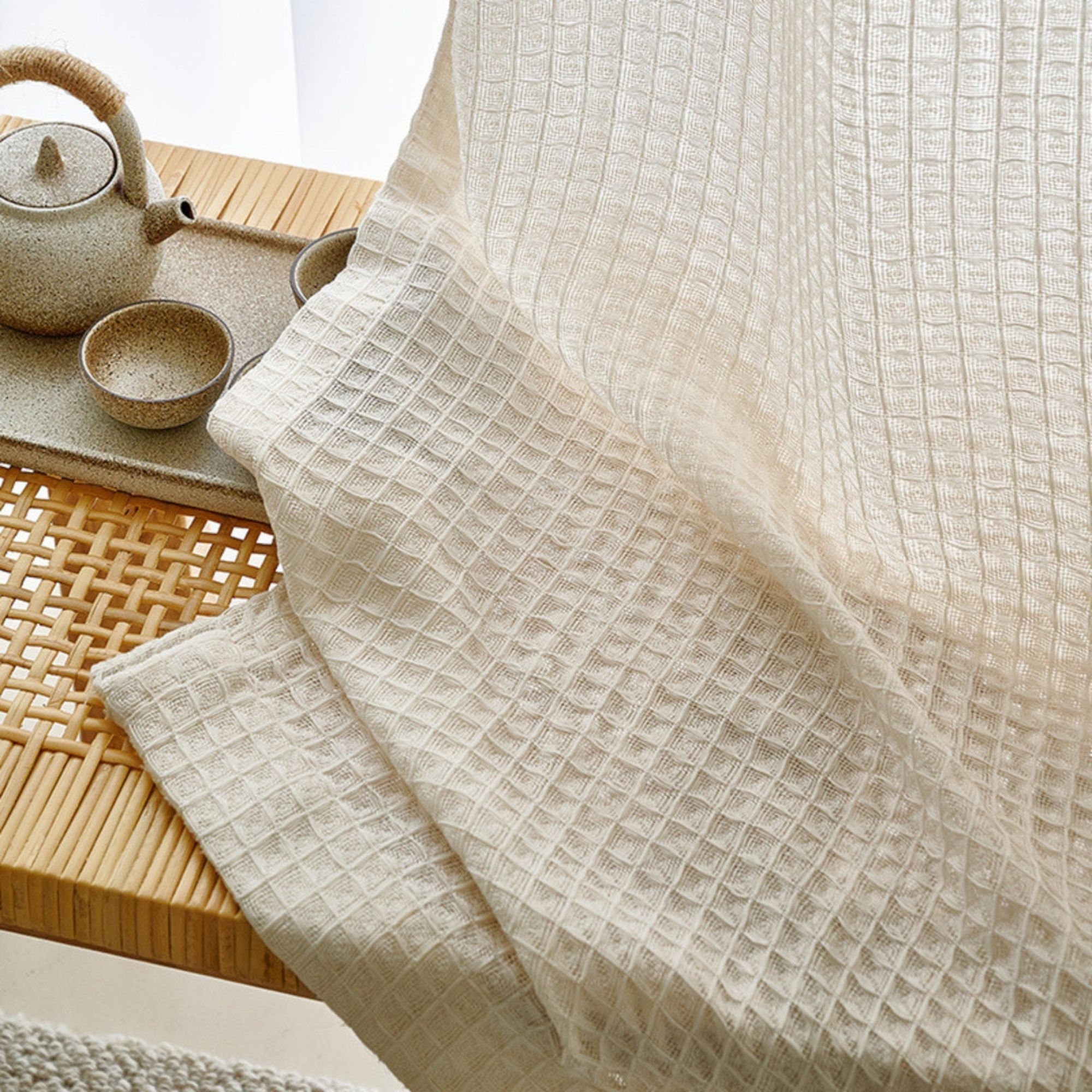 Sand Beige Waffle Weave Curtains | Privacy Semi-Sheer | 4 Heading Styles | Standard & Custom Size-0