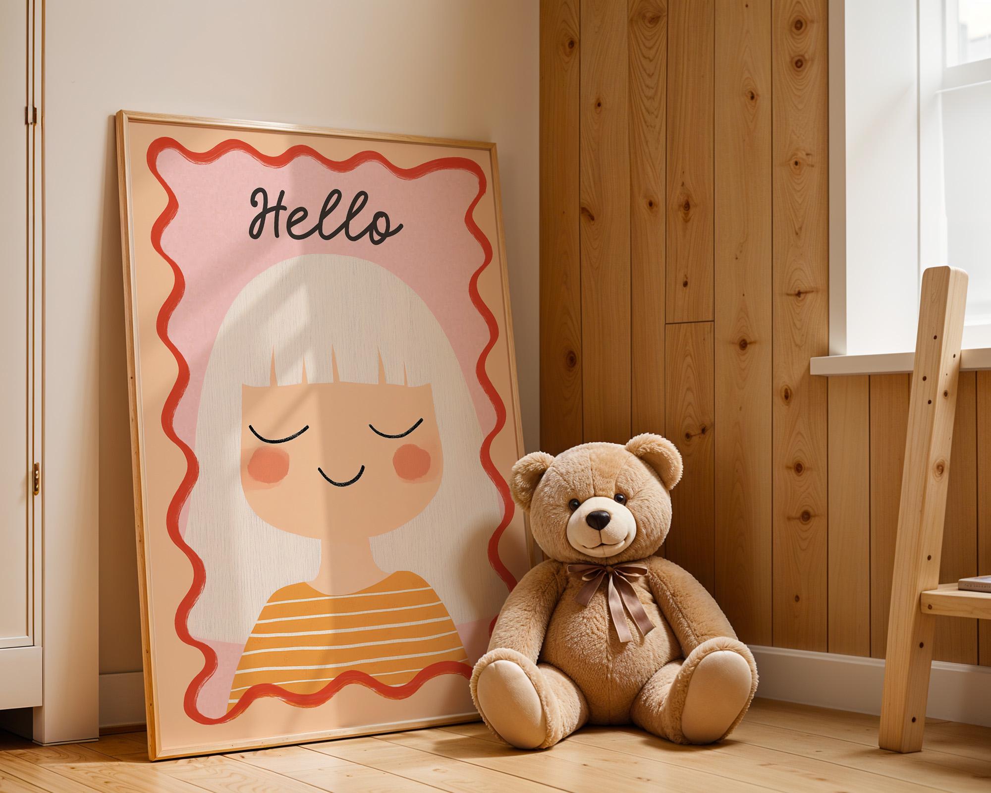 Poster Kinderzimmer Mädchen · Hello Schriftzug · Fröhliches Porträt mit weißen Haaren · Sanfte Farben · Deko ohne Rahmen-4