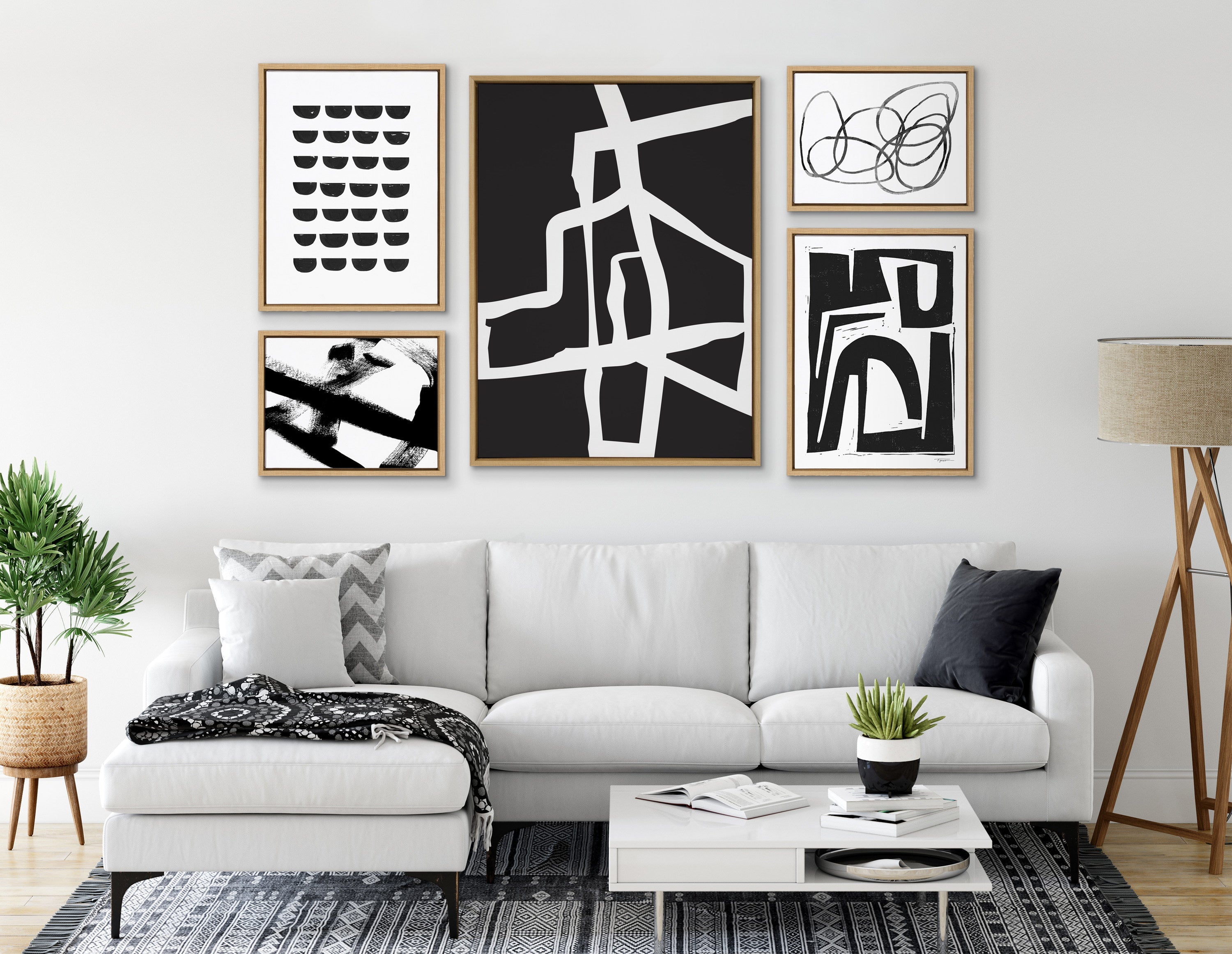 Sylvie Bold Sophisticated Abstract White Stroke Framed Canvas by The Creative Bunch Studio