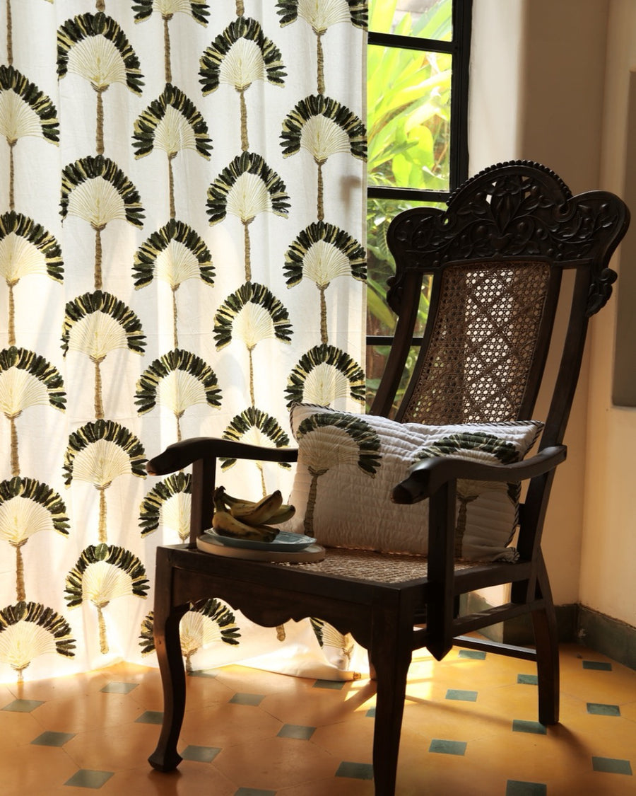 White & Green Hand Block Printed Linen Curtains | Traveller's Palm Design-0