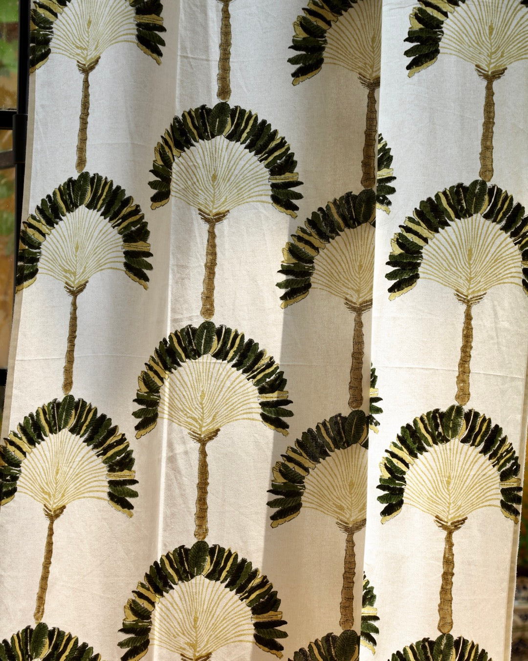 White & Green Hand Block Printed Linen Curtains | Traveller's Palm Design-3