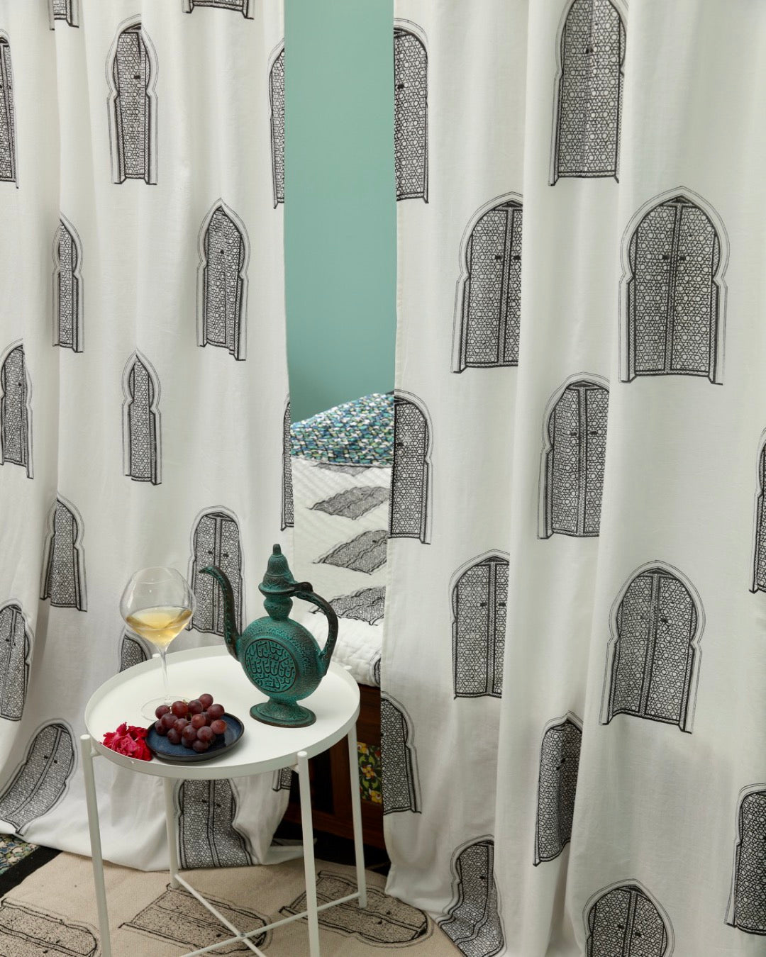 Black & White Hand Block Printed Linen Curtains | Moroccan Door Design-1