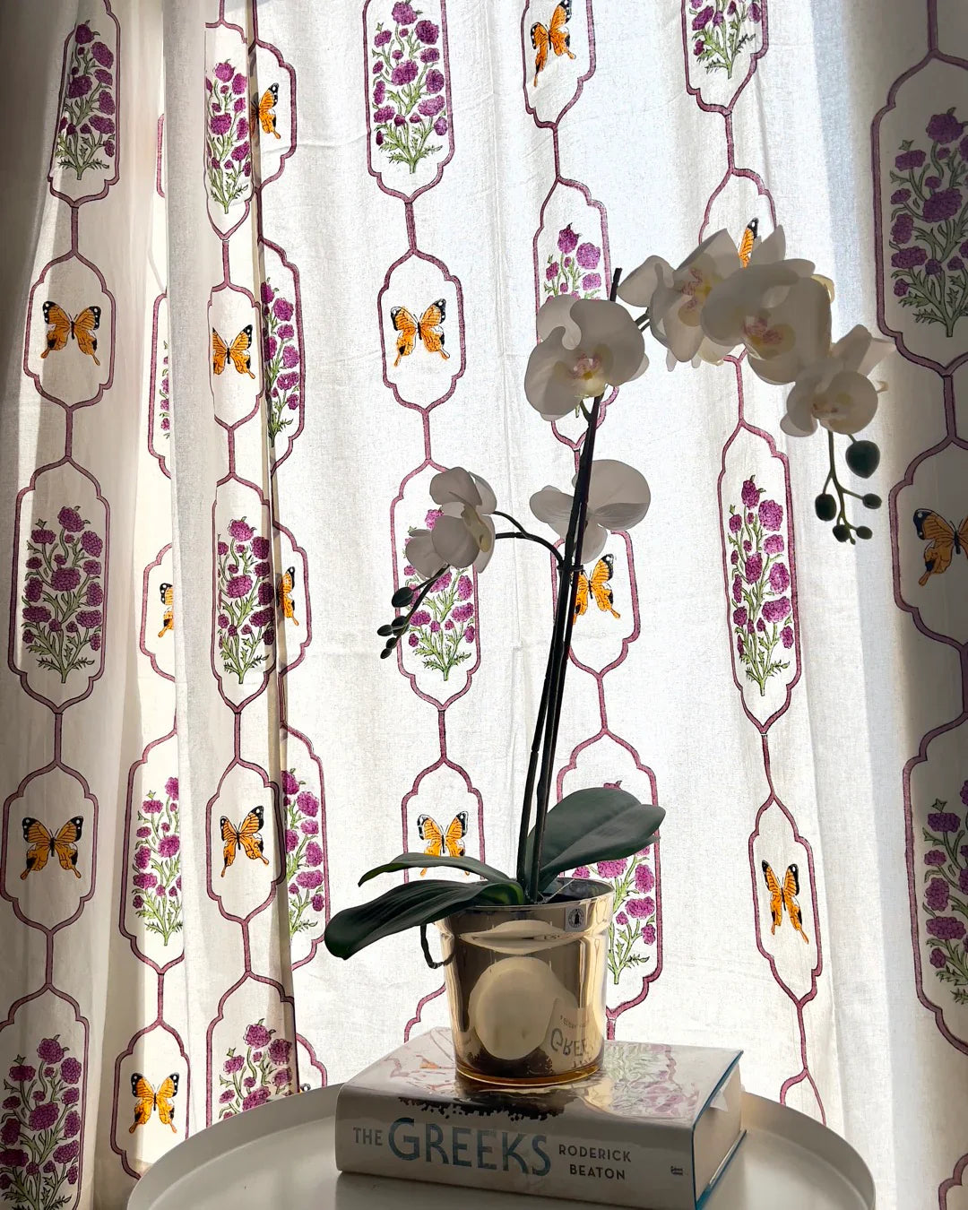 White & Purple Hand Block Printed Linen Curtains | Butterfly & Floral Design-0