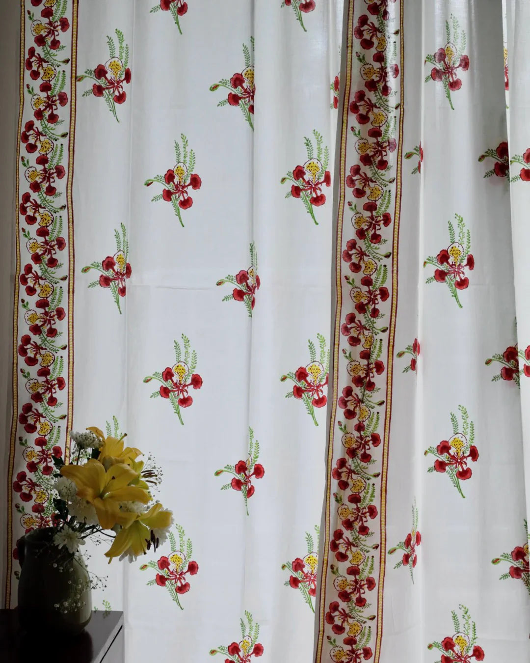 White & Red Hand Block Printed Linen Curtains | Gulmohar Flower Design-0