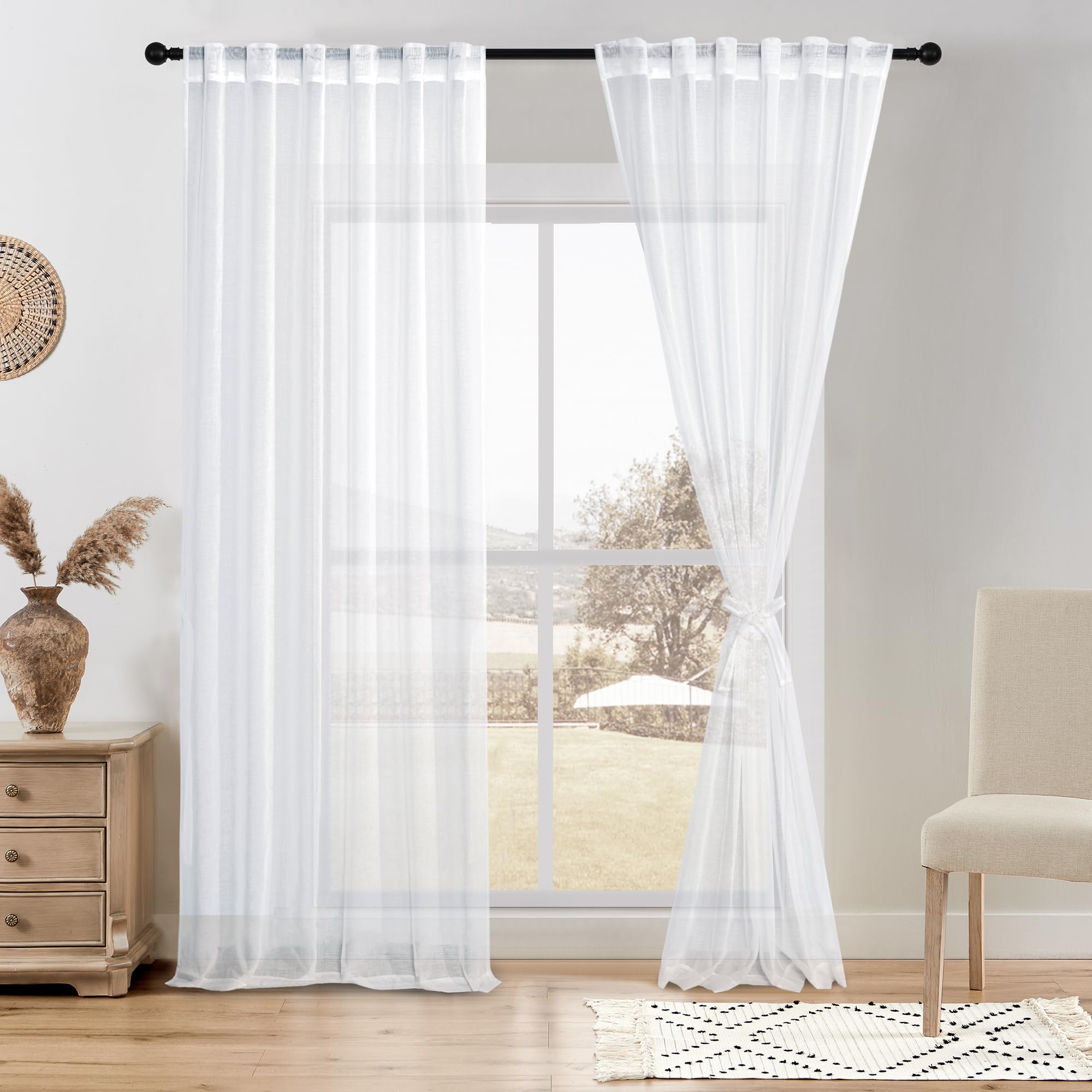 DWCN White Faux Linen Sheer Curtains with Tiebacks, Set of 2 Panels-0
