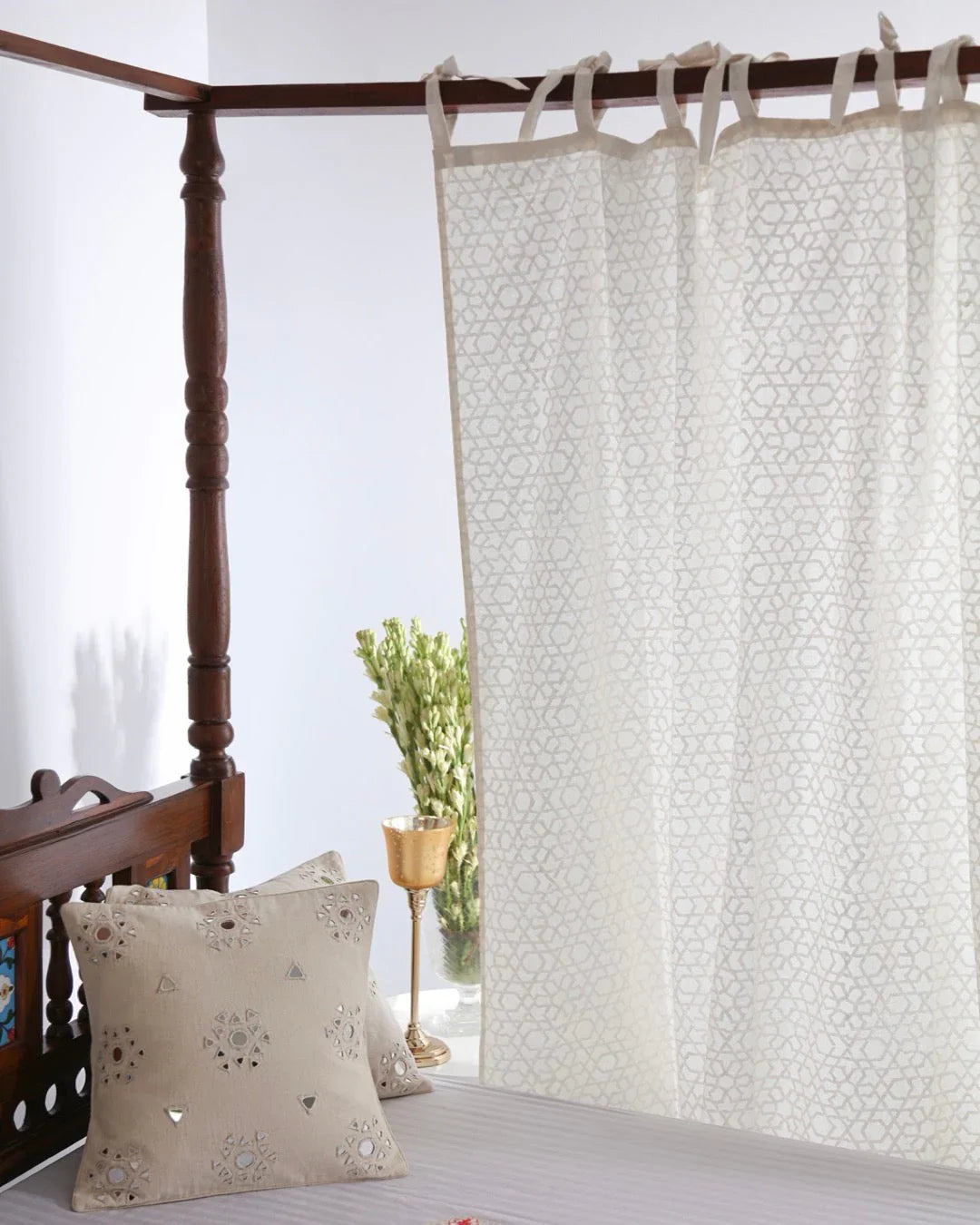 White Hand Block Printed Linen Curtains | Moroccan Geometric Design-4
