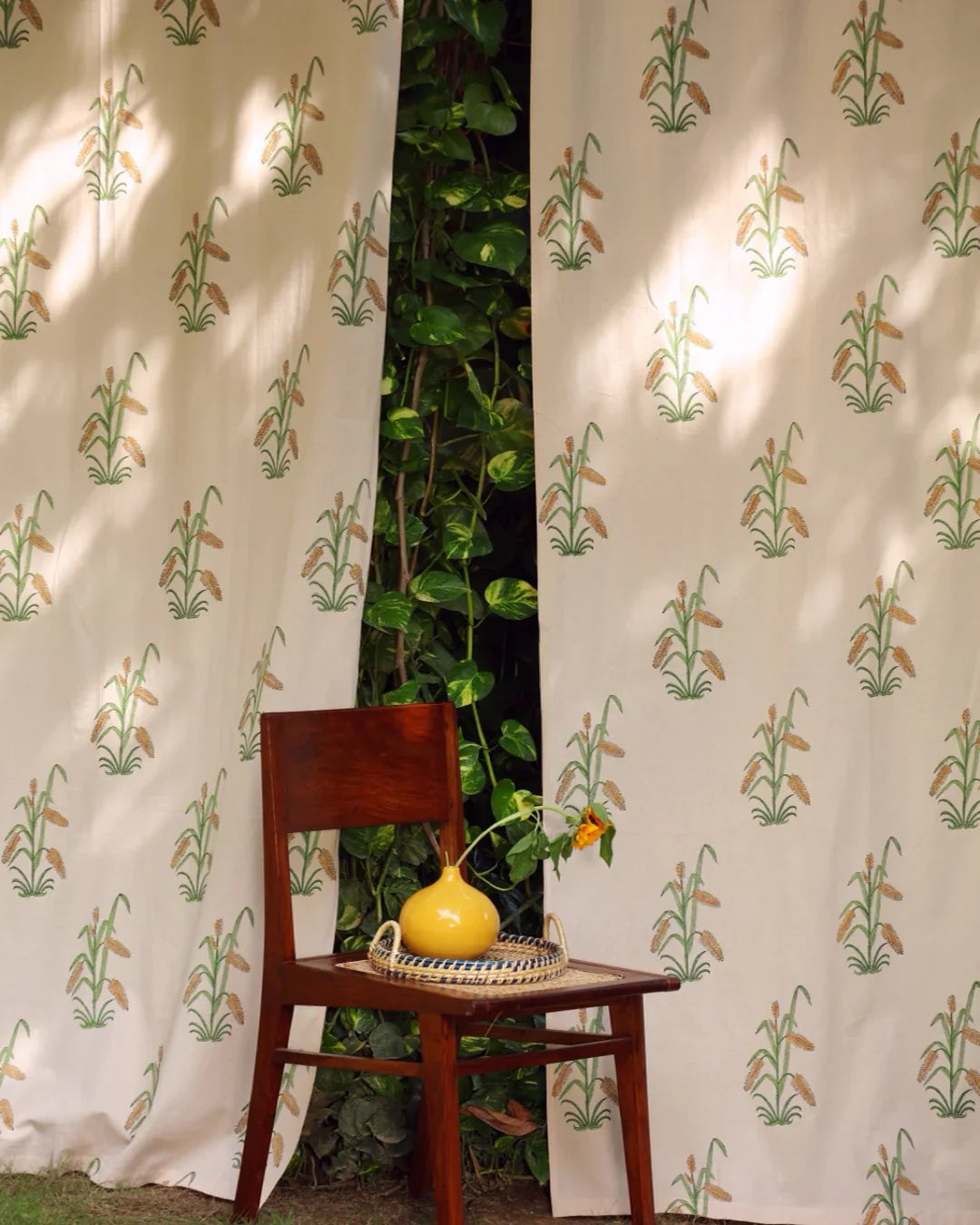 Off-White & Green Hand Block Printed Linen Curtains | Grass Pattern-0