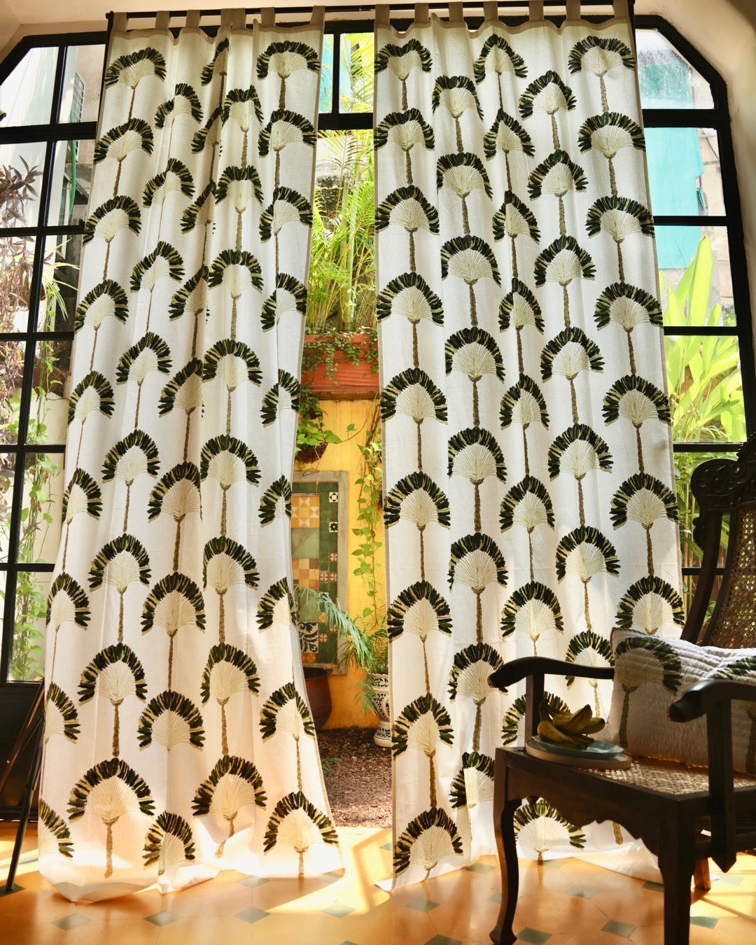 White & Green Hand Block Printed Linen Curtains | Traveller's Palm Design-1