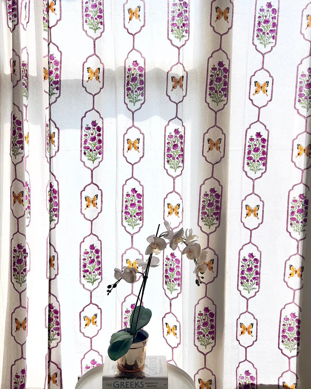 White & Purple Hand Block Printed Linen Curtains | Butterfly & Floral Design-1