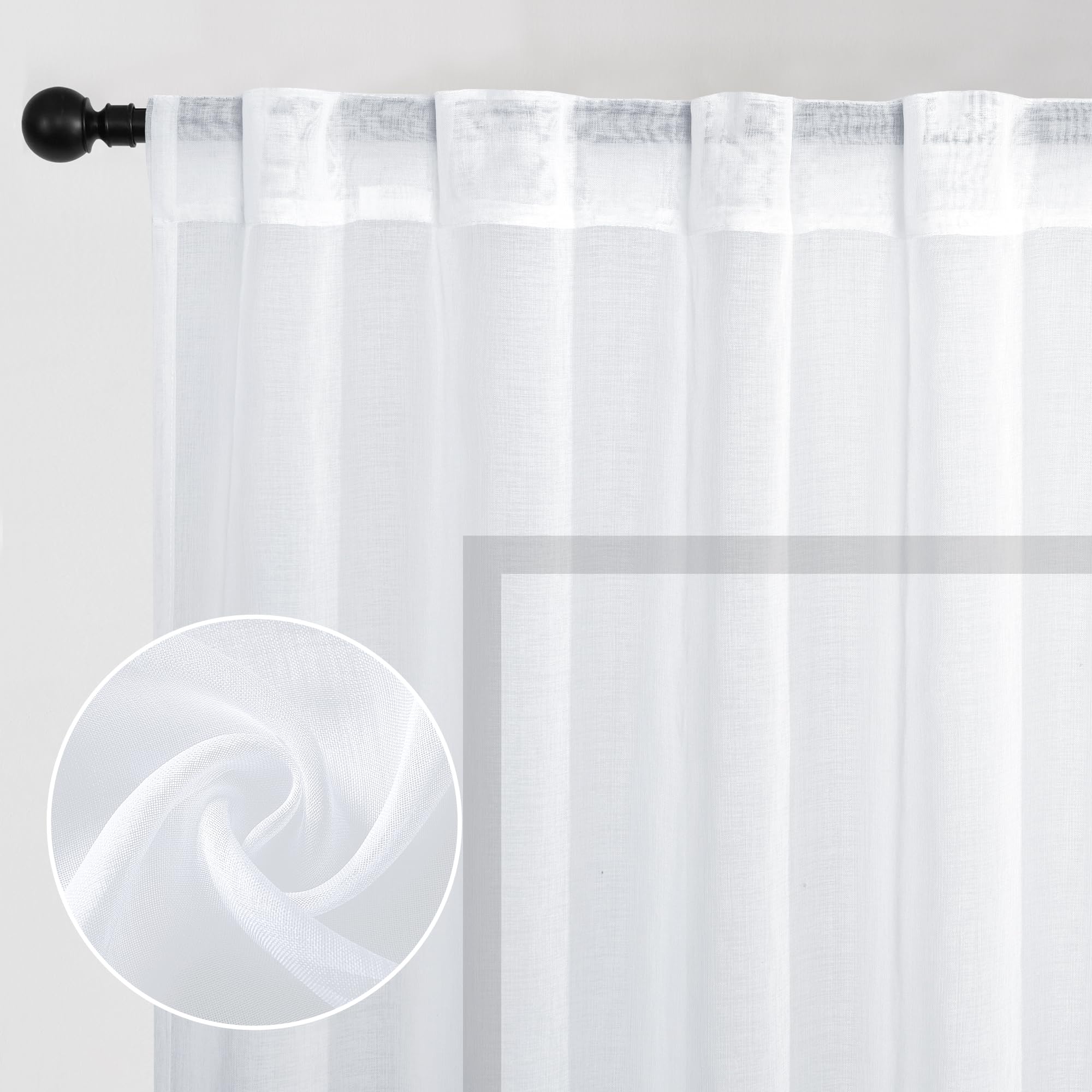DWCN White Faux Linen Sheer Curtains with Tiebacks, Set of 2 Panels-1