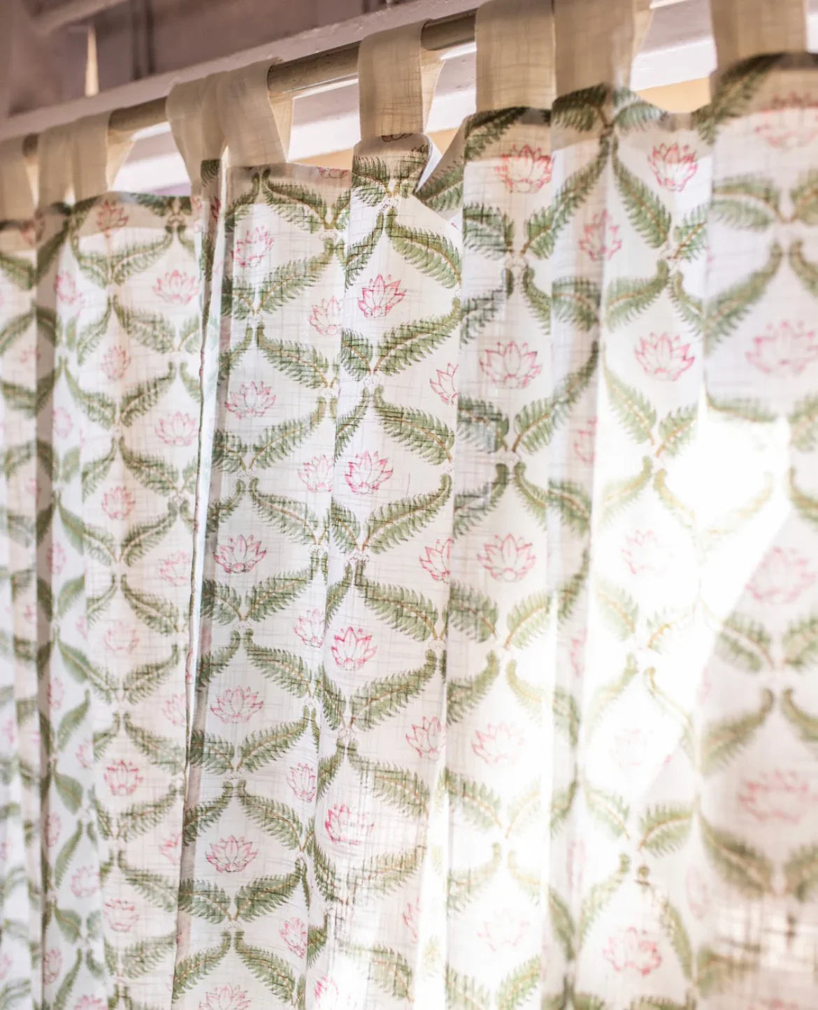 White & Green Hand Block Printed Linen Curtains | Lotus & Jaal Design-1