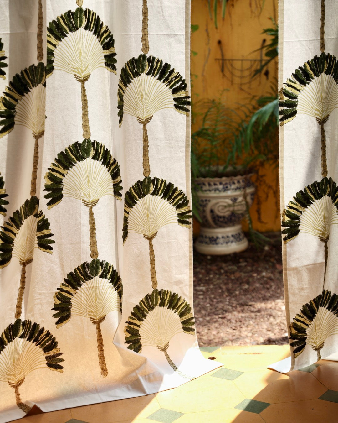 White & Green Hand Block Printed Linen Curtains | Traveller's Palm Design-4