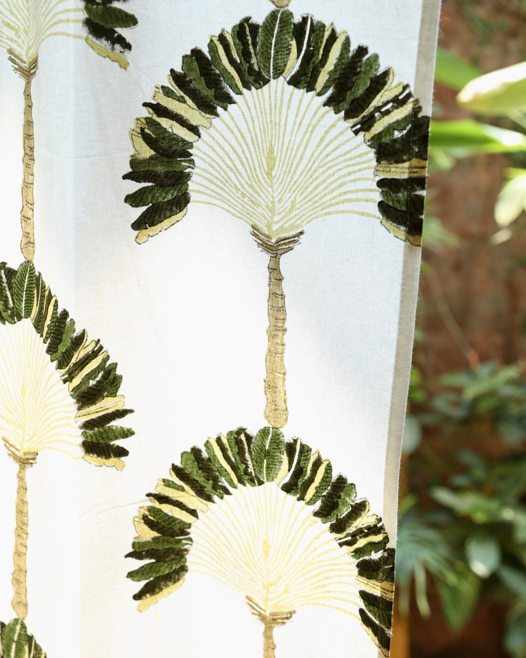 White & Green Hand Block Printed Linen Curtains | Traveller's Palm Design-2