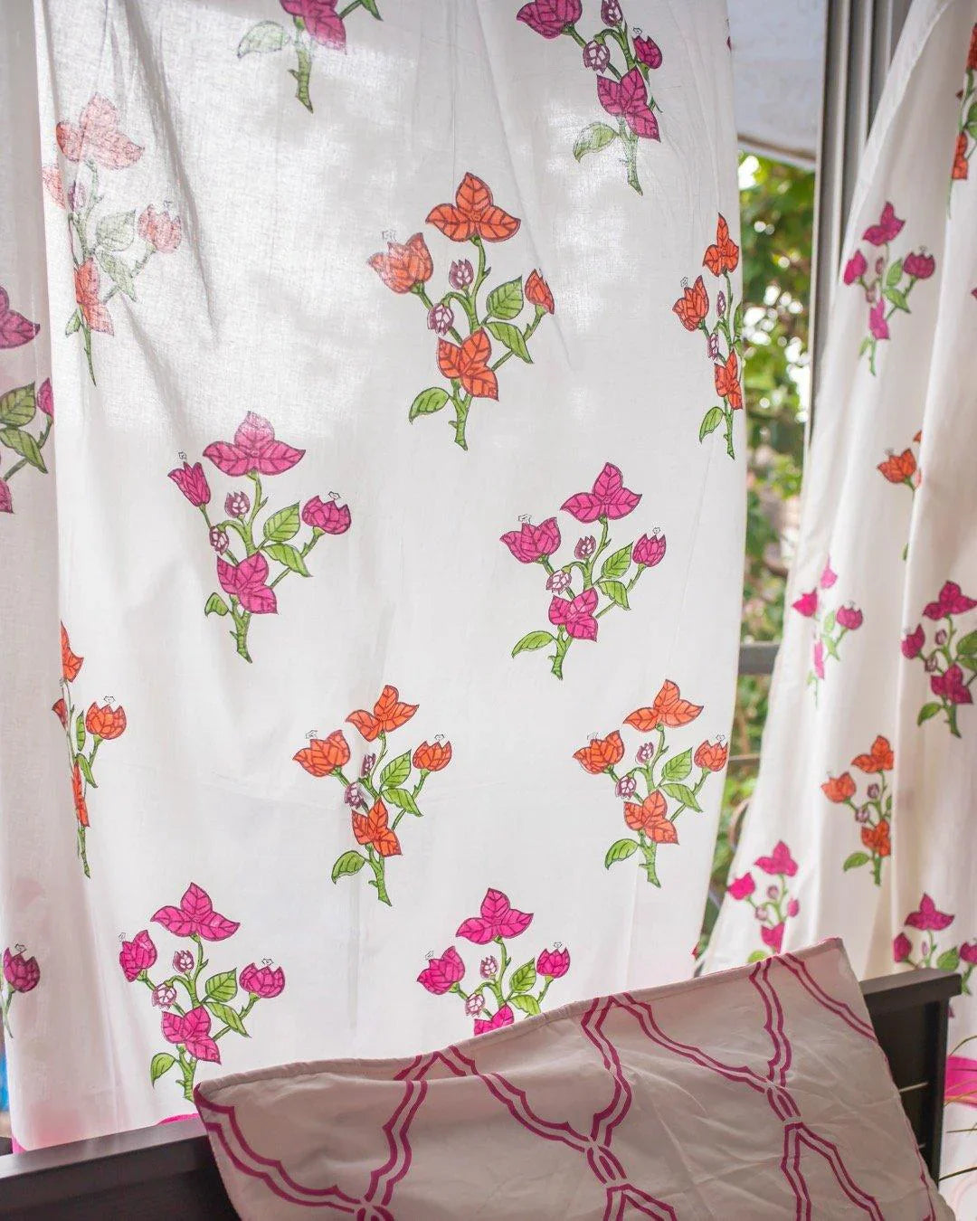 White & Pink Hand Block Printed Linen Curtains | Bougainvillea Design-0