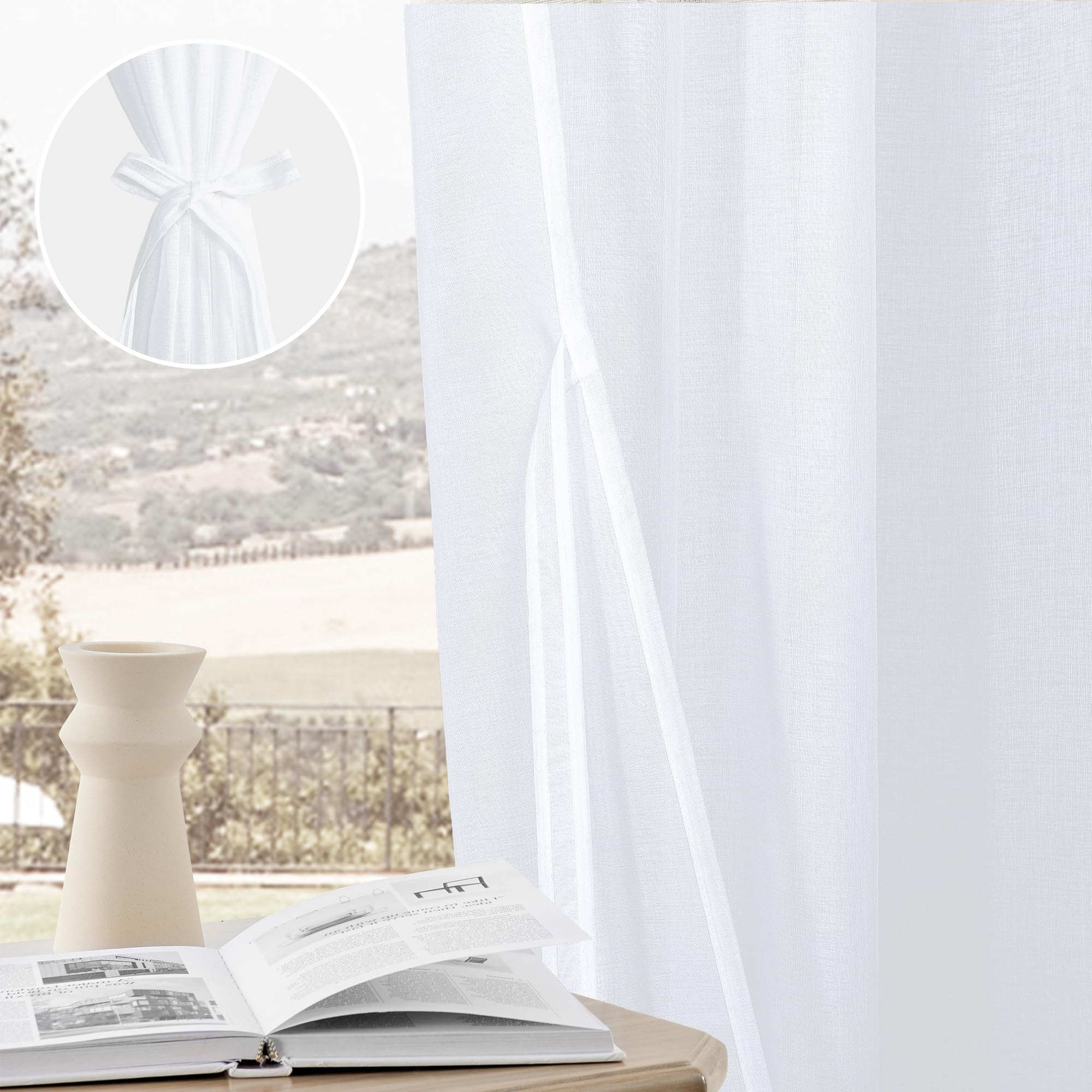 DWCN White Faux Linen Sheer Curtains with Tiebacks, Set of 2 Panels-3