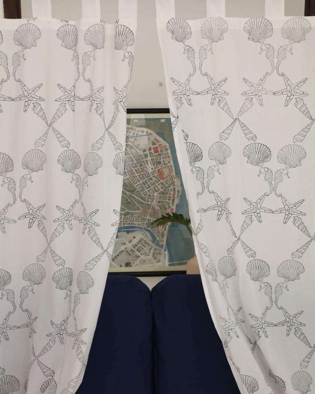 White & Black Hand Block Printed Linen Curtains | Seashell & Seahorse Design-0
