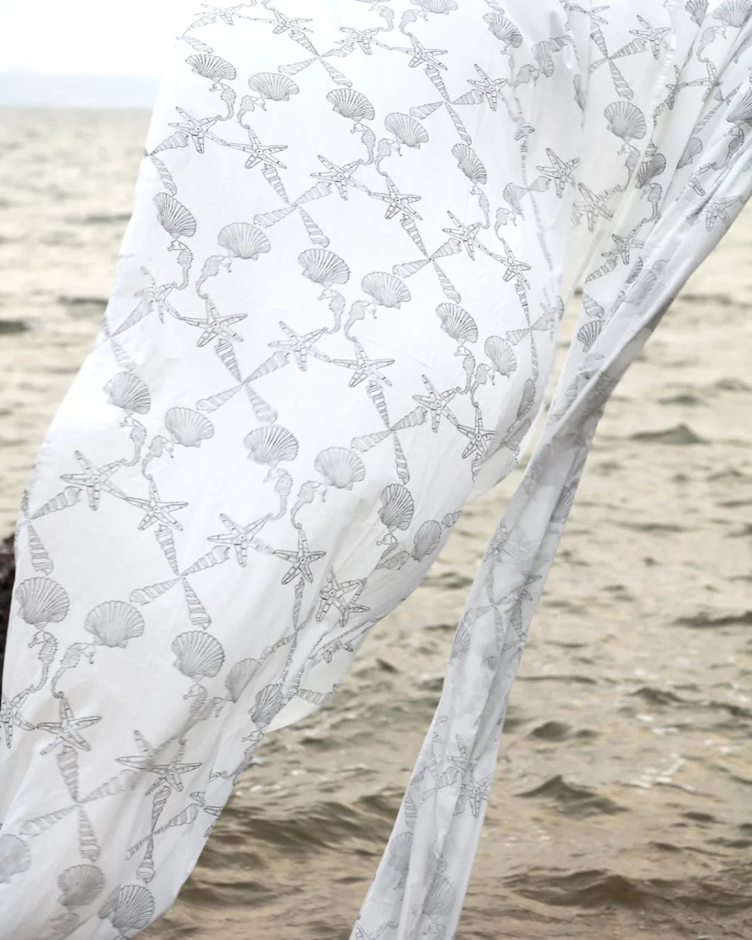 White & Black Hand Block Printed Linen Curtains | Seashell & Seahorse Design-2