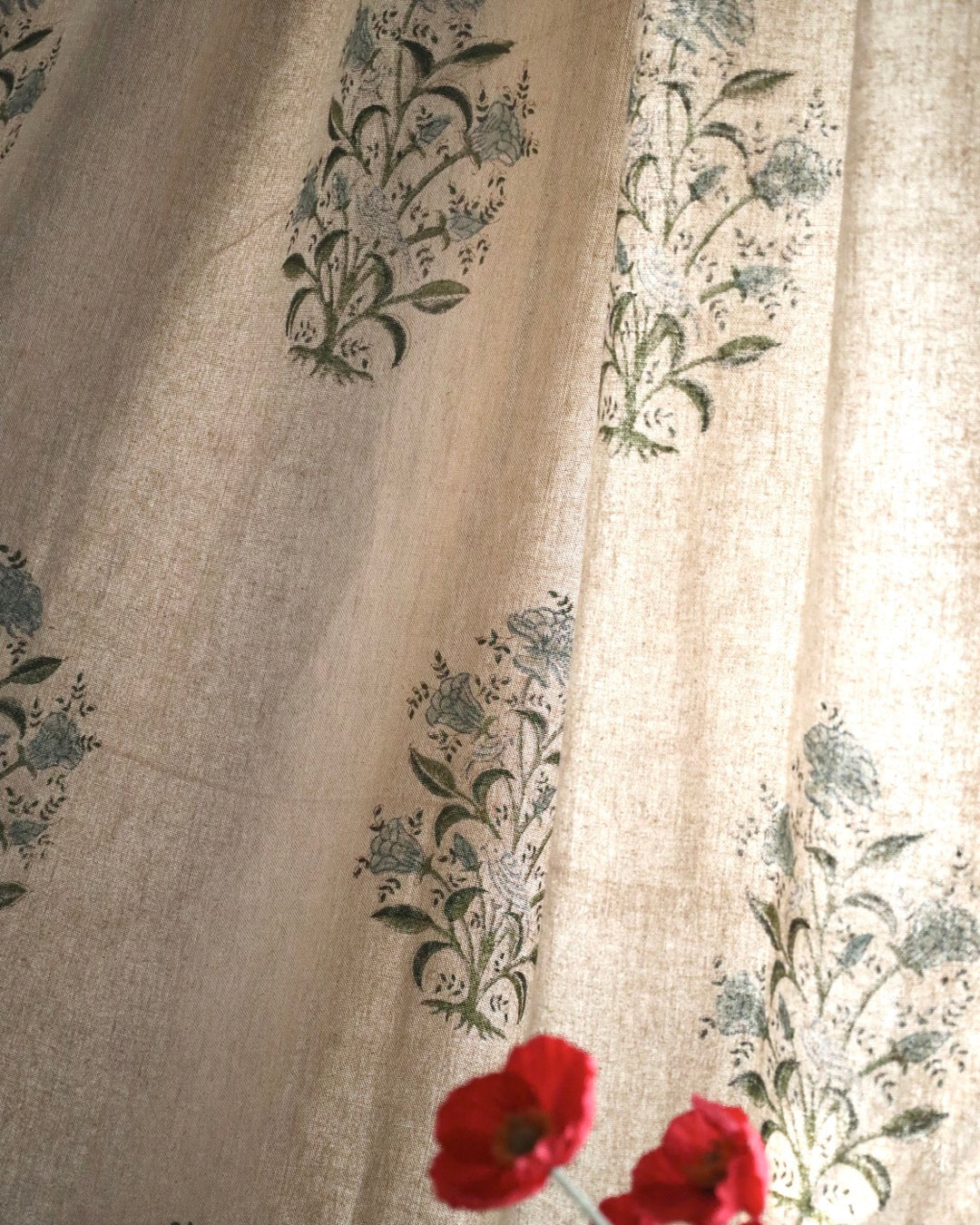 Hand Block Printed Linen Curtains | Bird & Floral Motif | Standard & Custom Lengths-4