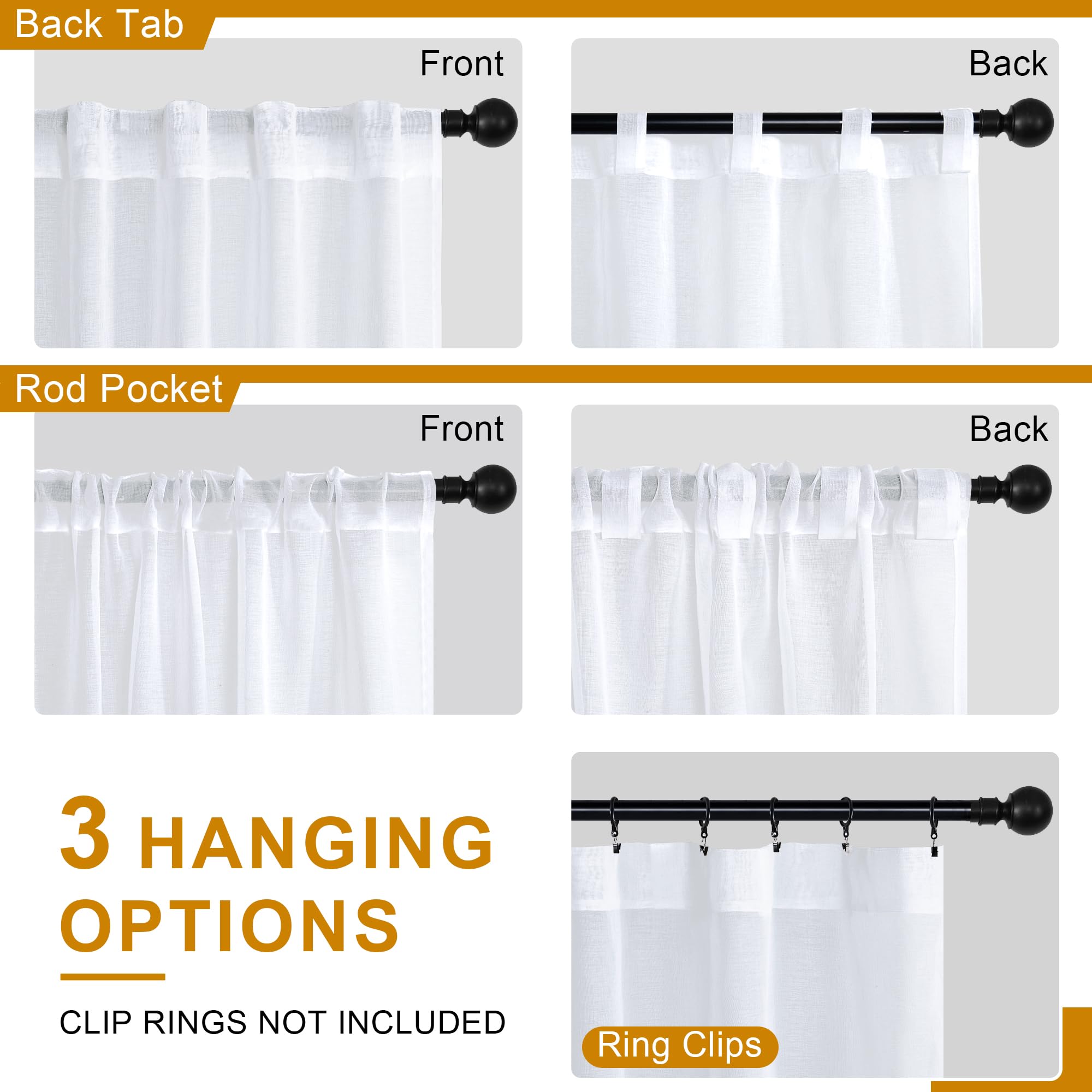 DWCN White Faux Linen Sheer Curtains with Tiebacks, Set of 2 Panels-4