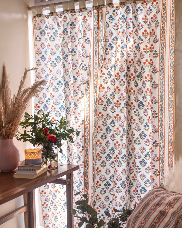 Hand Block Printed Linen Curtains | Colorful Floral Pattern | Light Filtering | Made to Measure-0