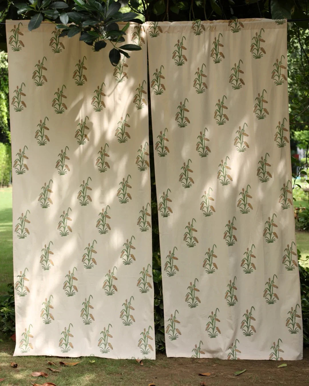 Off-White & Green Hand Block Printed Linen Curtains | Grass Pattern-2