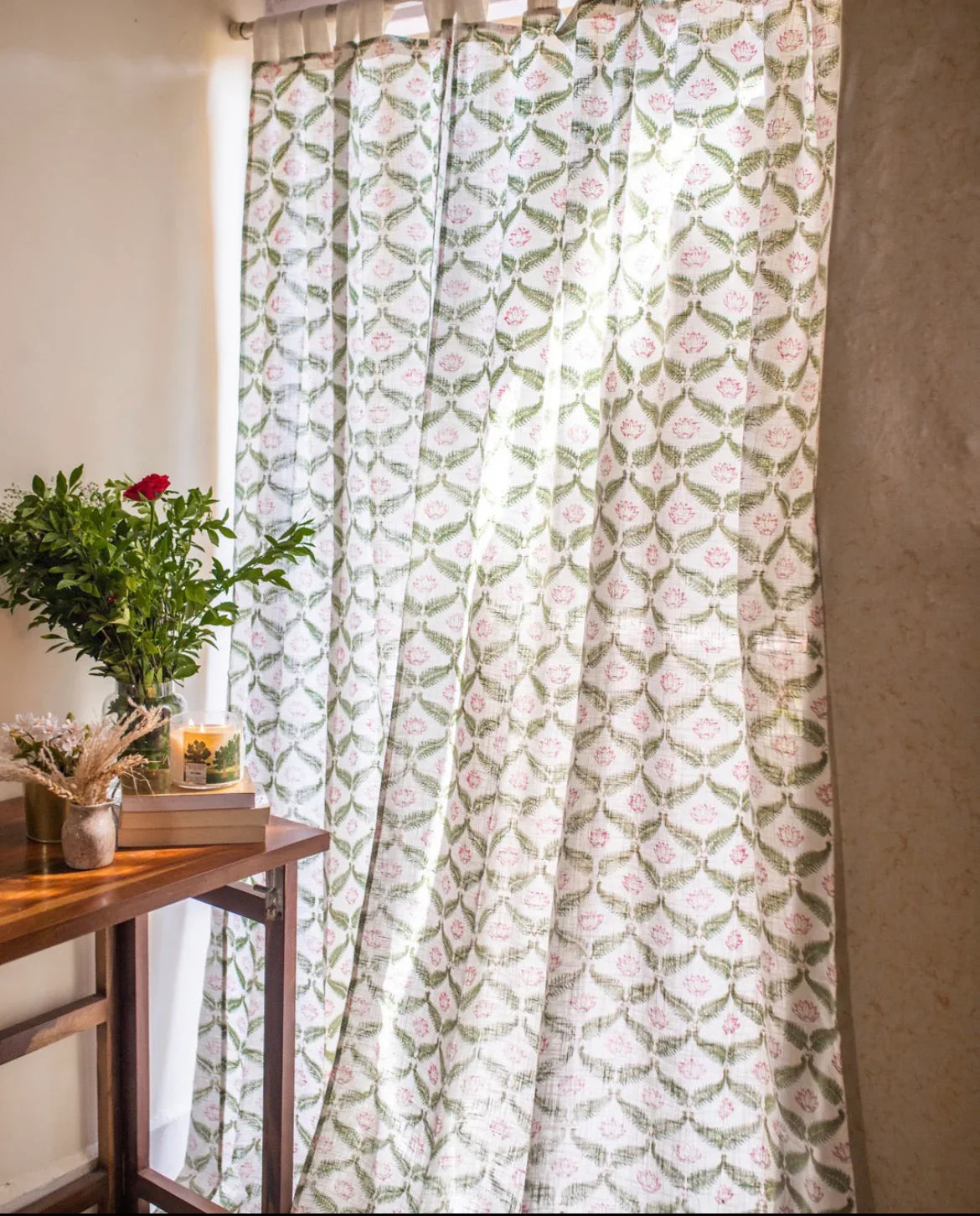 White & Green Hand Block Printed Linen Curtains | Lotus & Jaal Design-2