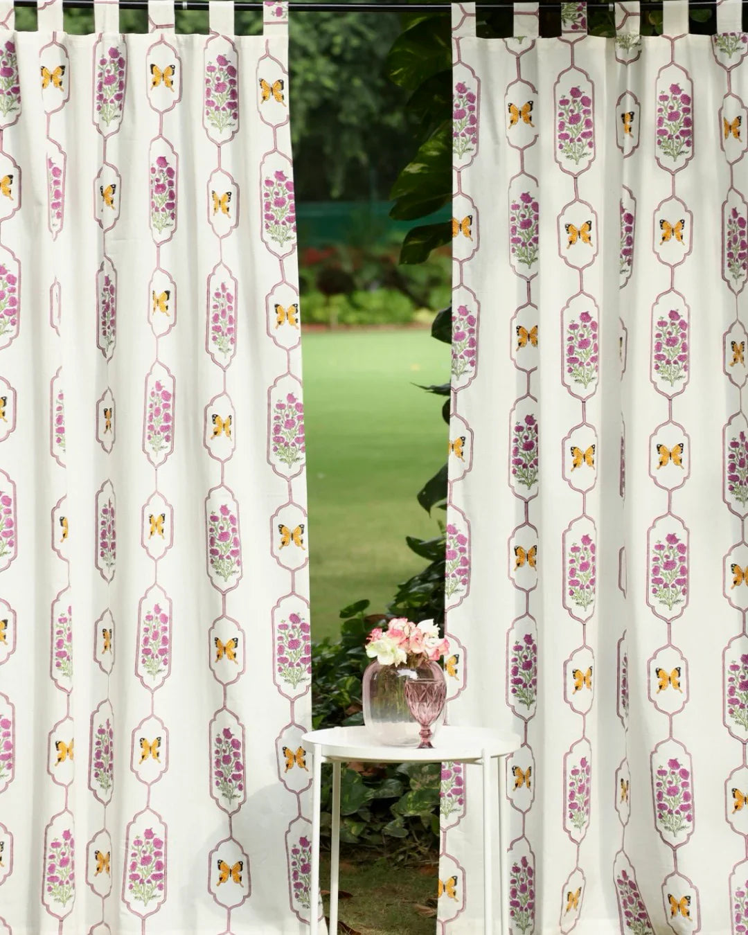 White & Purple Hand Block Printed Linen Curtains | Butterfly & Floral Design-3
