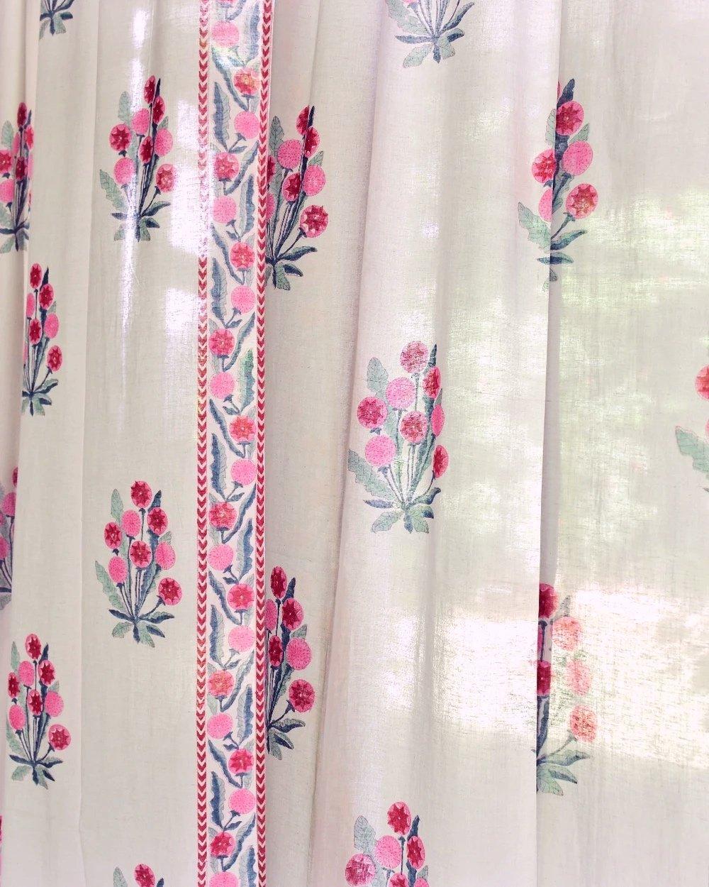 Pink & Green Hand Block Printed Linen Curtains | Floral Design-2