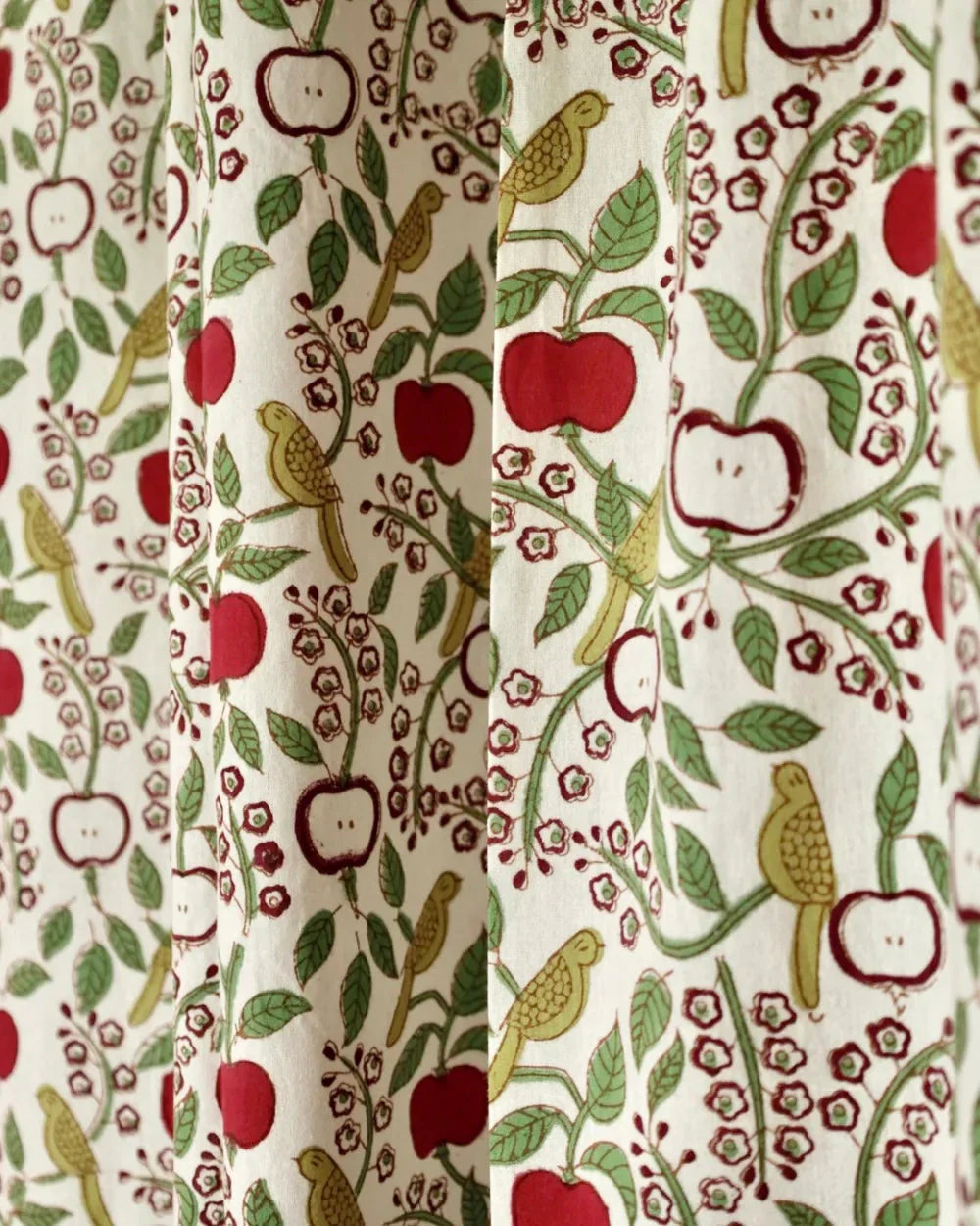White & Red Hand Block Printed Linen Curtains | Apple & Bird Design-4