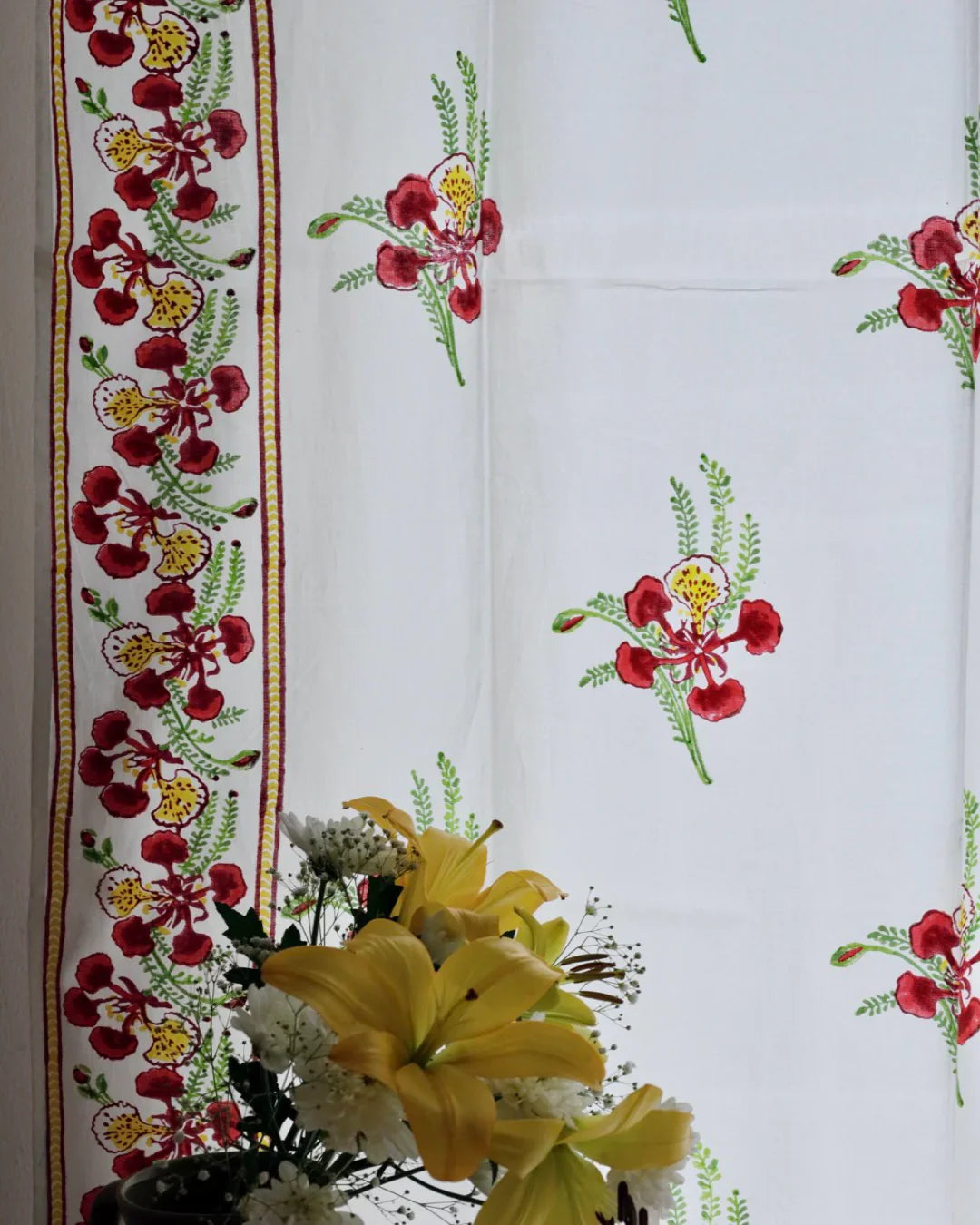 White & Red Hand Block Printed Linen Curtains | Gulmohar Flower Design-3