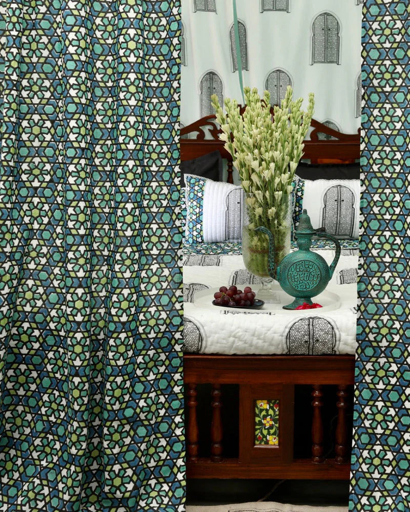 Blue & Green Moroccan Hand Block Printed Linen Curtains-1