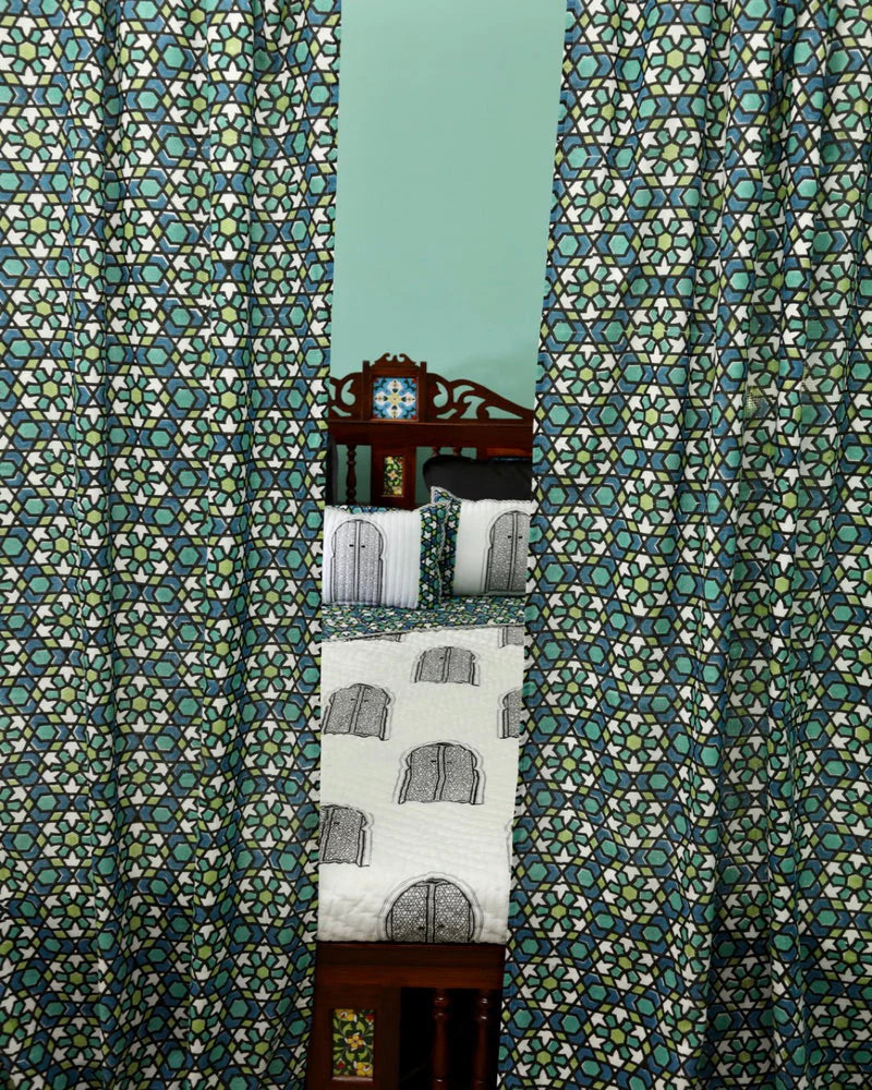 Blue & Green Moroccan Hand Block Printed Linen Curtains-0
