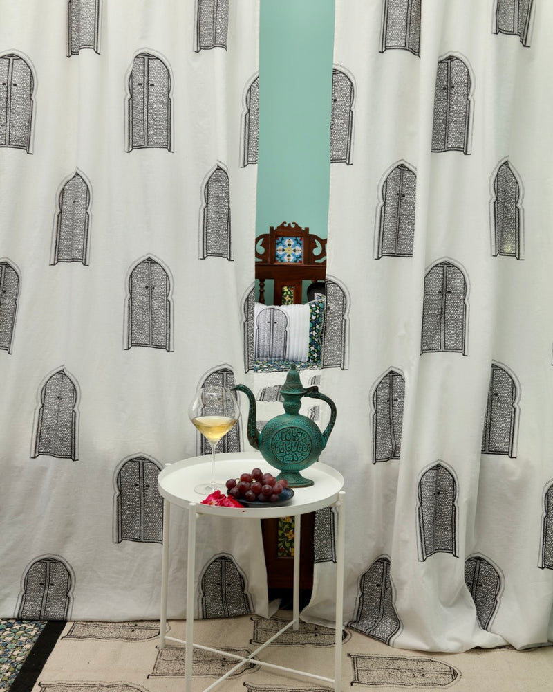 Black & White Hand Block Printed Linen Curtains | Moroccan Door Design-0