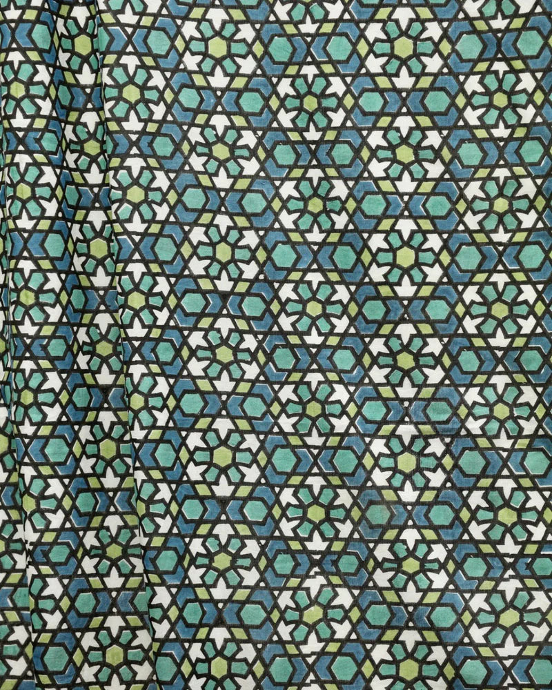 Blue & Green Moroccan Hand Block Printed Linen Curtains-3