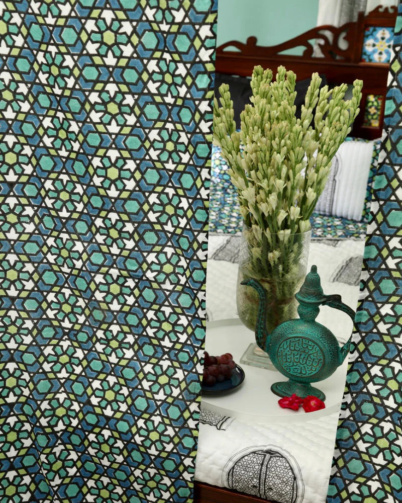 Blue & Green Moroccan Hand Block Printed Linen Curtains-2