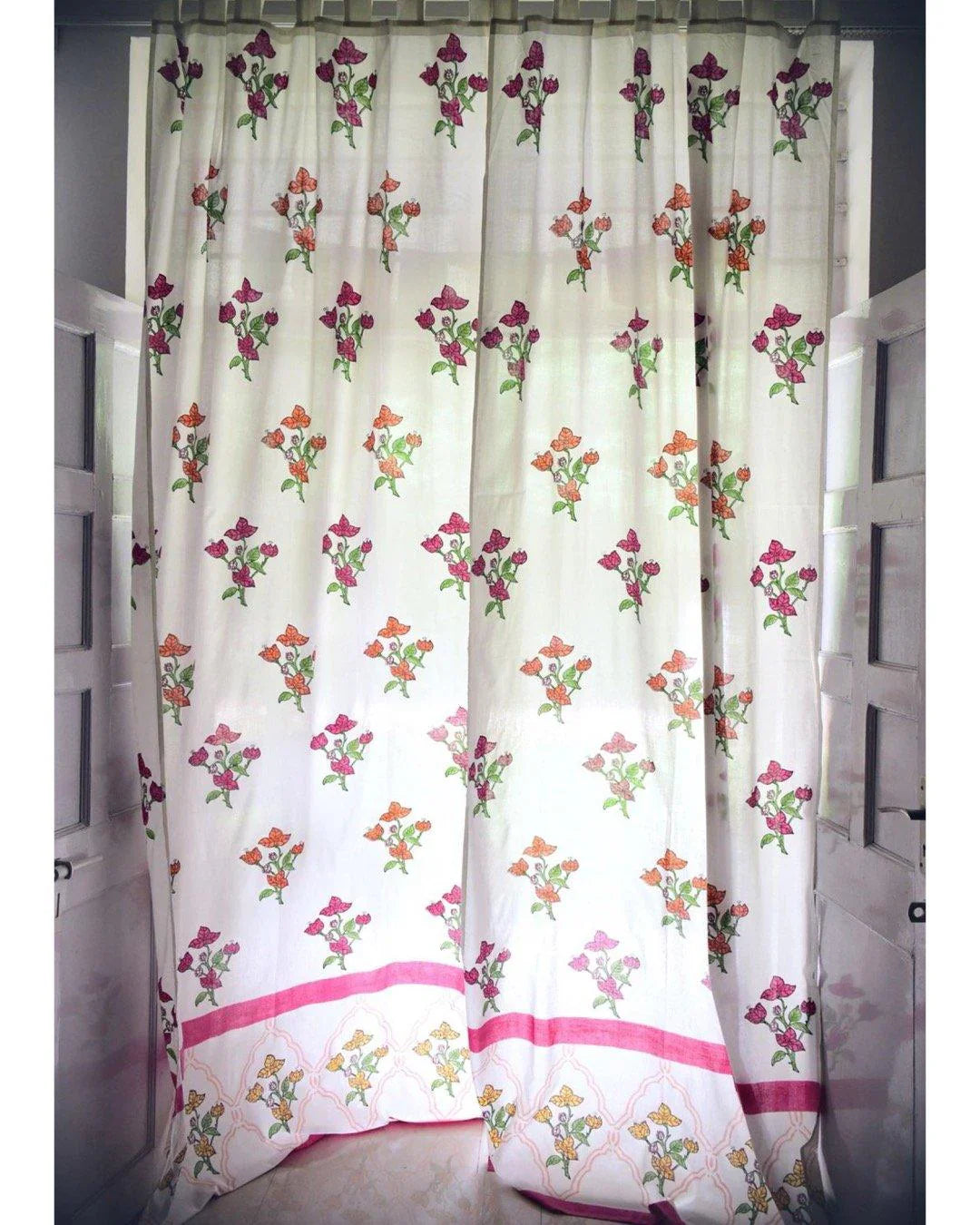 White & Pink Hand Block Printed Linen Curtains | Bougainvillea Design-1