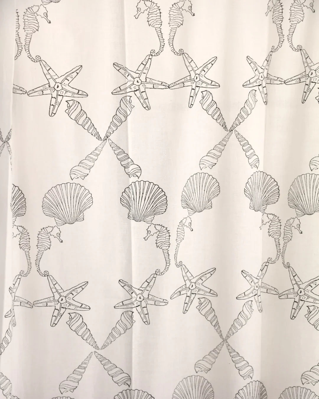 White & Black Hand Block Printed Linen Curtains | Seashell & Seahorse Design-1