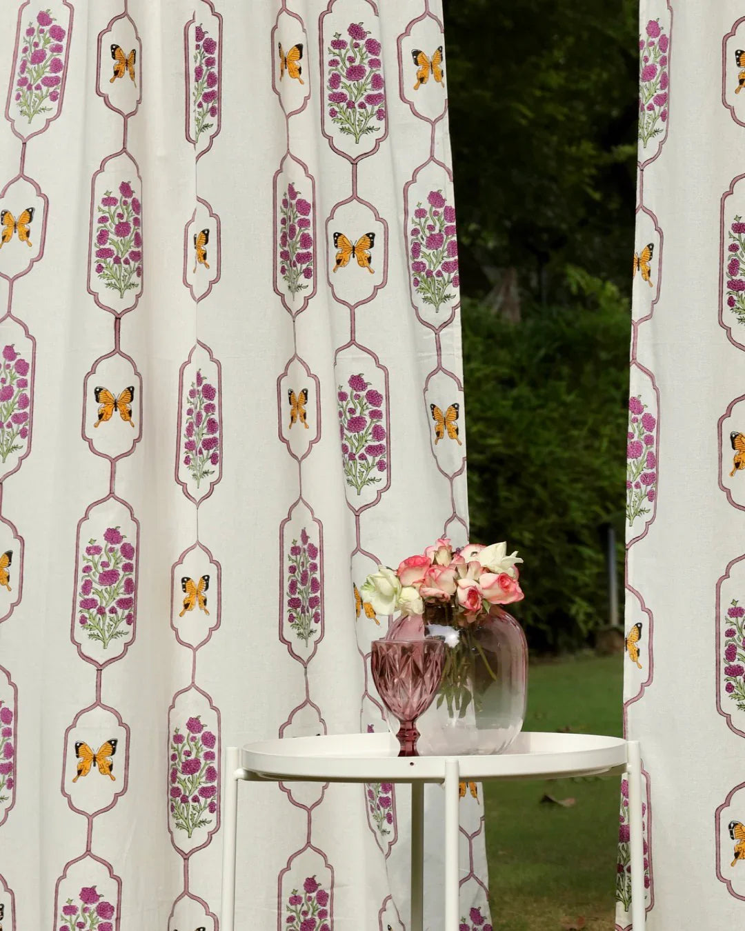 White & Purple Hand Block Printed Linen Curtains | Butterfly & Floral Design-4
