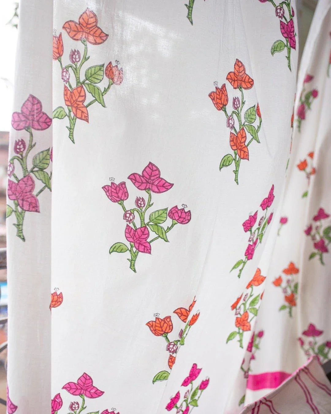White & Pink Hand Block Printed Linen Curtains | Bougainvillea Design-4