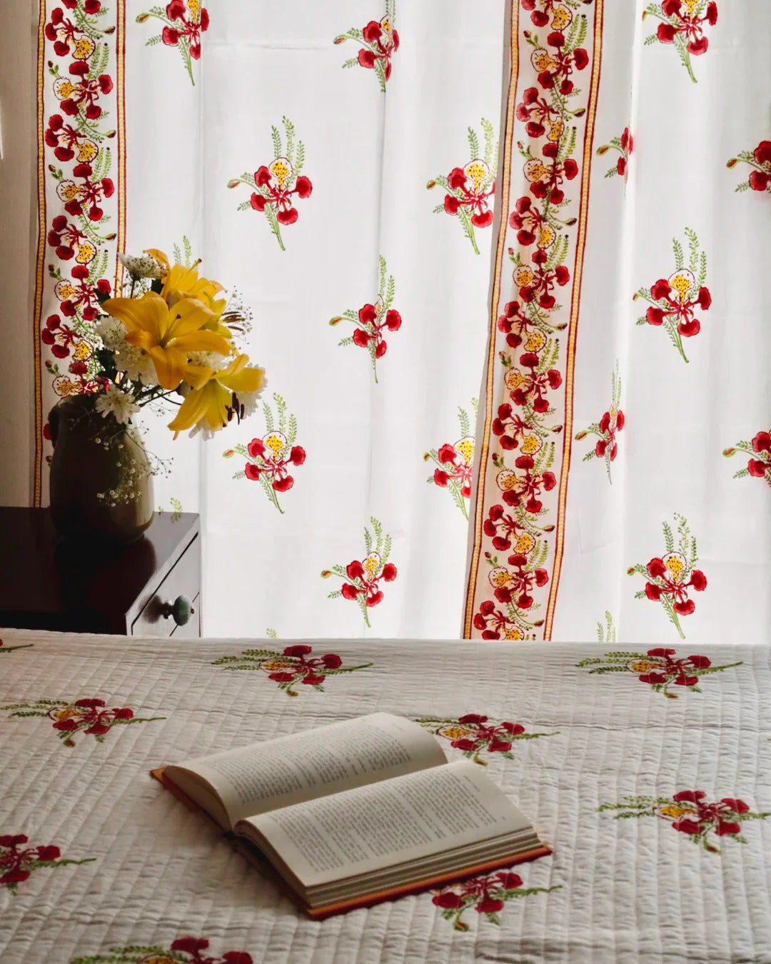 White & Red Hand Block Printed Linen Curtains | Gulmohar Flower Design-4