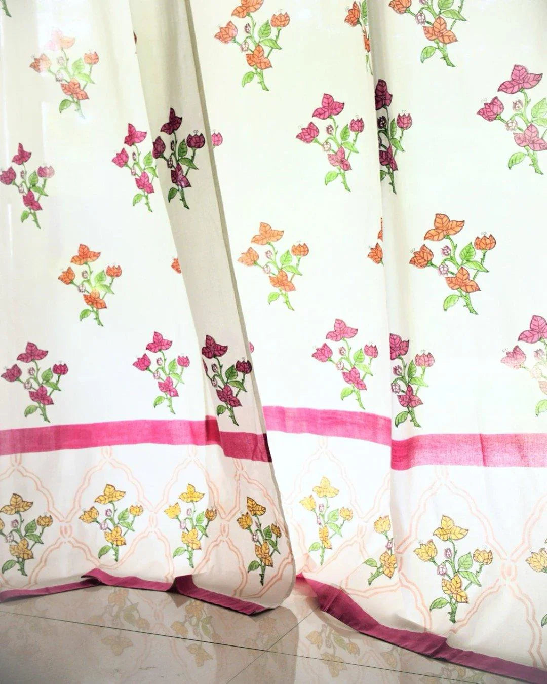 White & Pink Hand Block Printed Linen Curtains | Bougainvillea Design-3