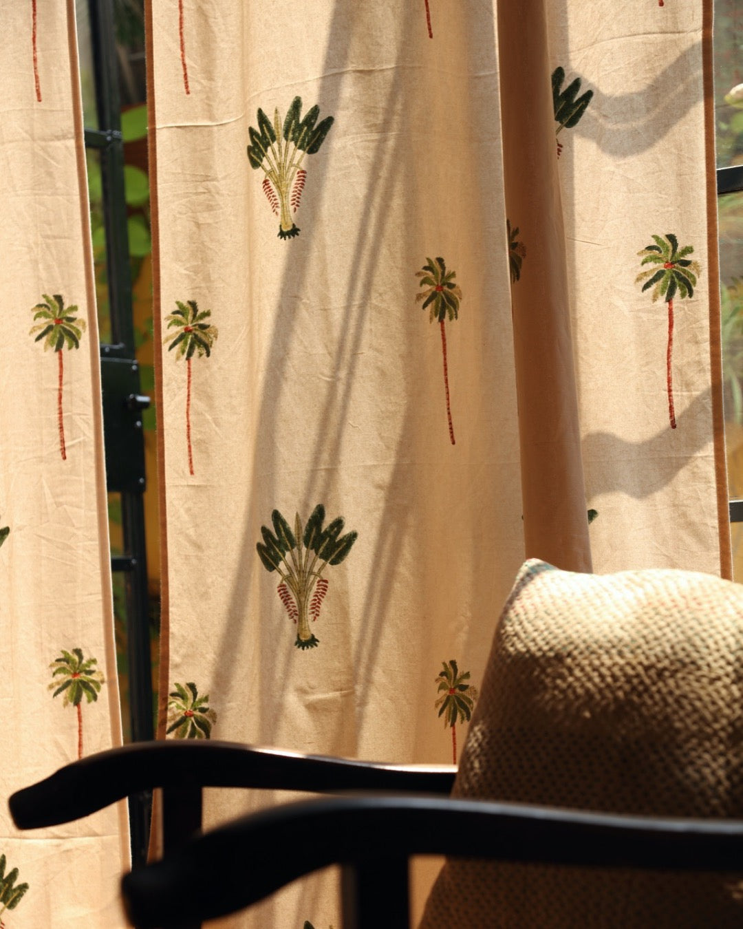 Off-White & Green Hand Block Printed Linen Curtains | Palm Tree Design-2