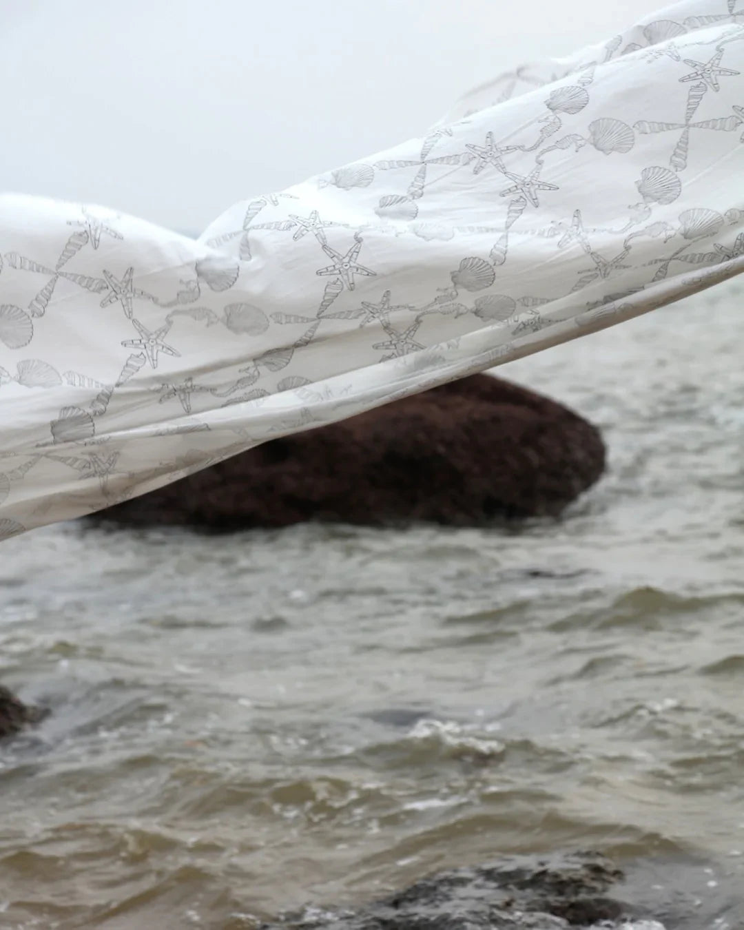 White & Black Hand Block Printed Linen Curtains | Seashell & Seahorse Design-3