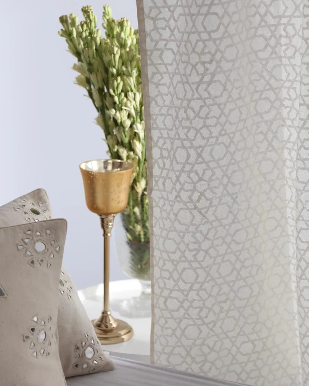 White Hand Block Printed Linen Curtains | Moroccan Geometric Design-3